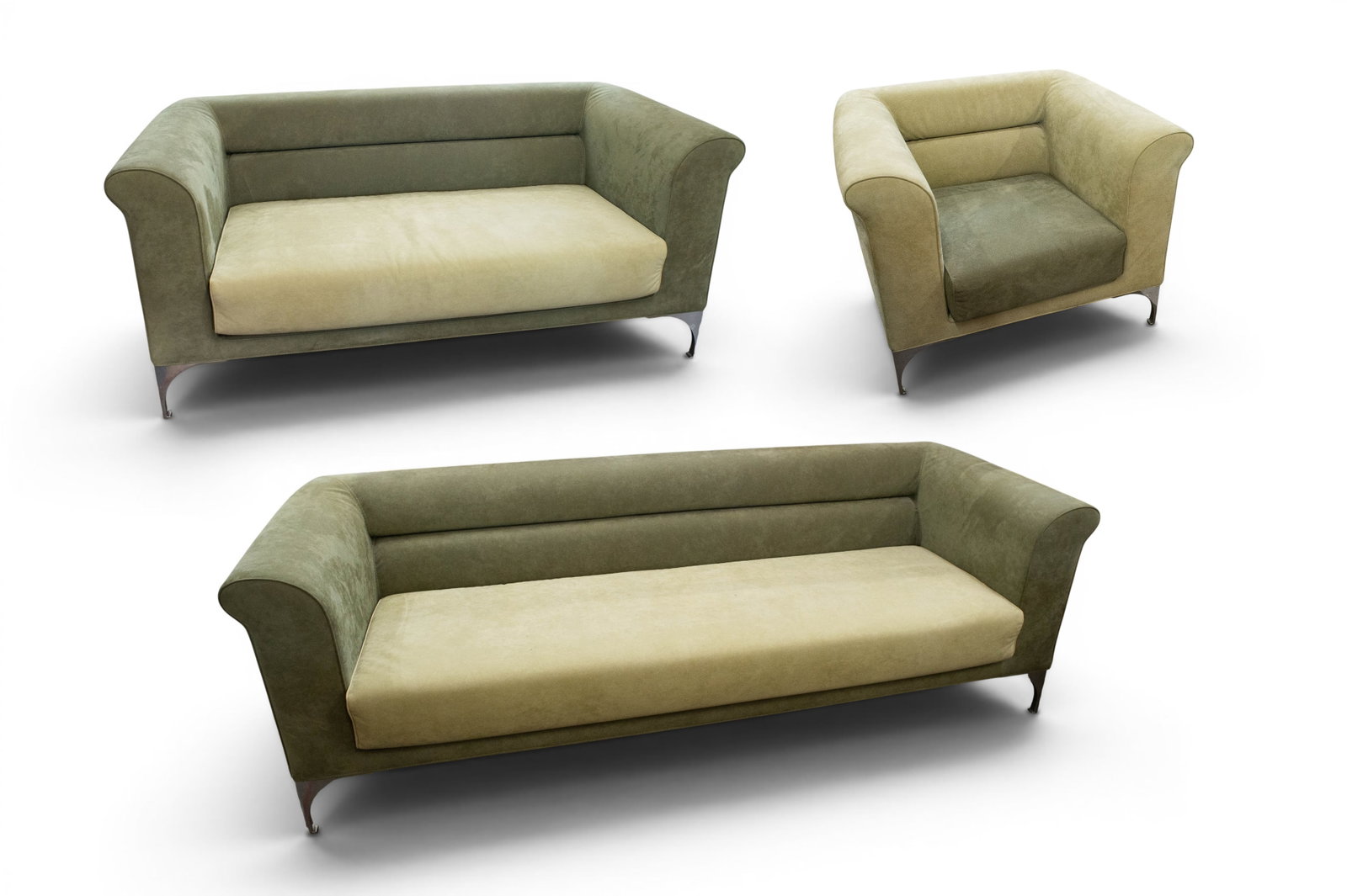 Roche Bobois Sofa, Loveseat, and Side Chair.: This set features a soft light green, two-tone suede upholstery, oversized armrests, and polished chrome legs. Everything is in excellent condition with no visible damage. The set is signed on the und