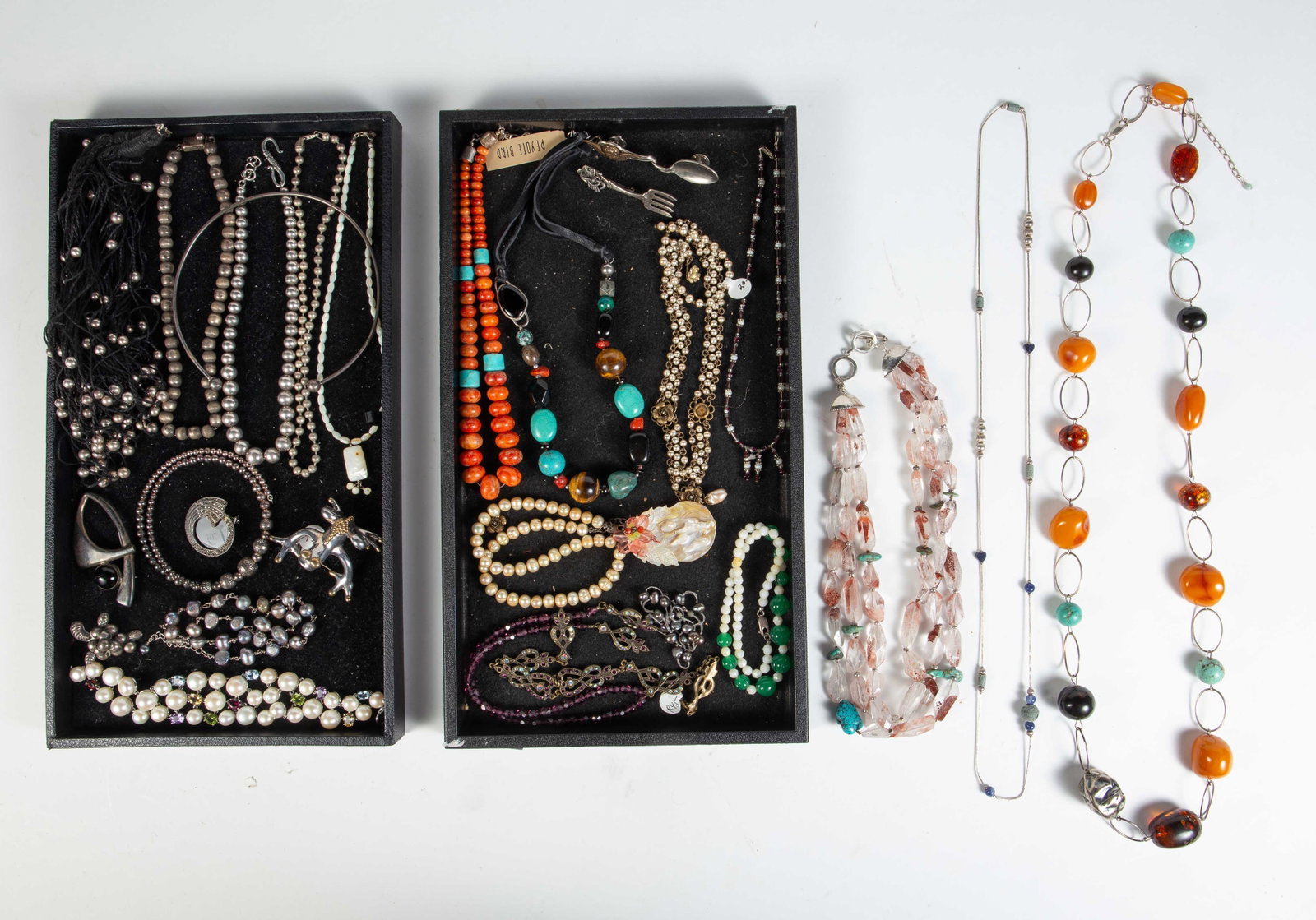 Lot of Vintage Jewelry - Sterling, Amber, Pearls.: The lot contains 26 pieces of jewelry. Eight pieces are solid sterling, a few are sterling chains with gemstones, and many others have sterling clasps. A few pieces don't have sterling elements. Some 