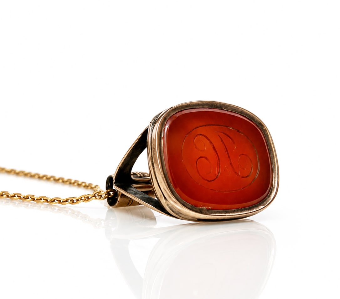Victorian Agate Vermeil Seal on Gold Filled Chain.: The lot consists of an antique gold over sterling intaglio agate seal on a long gold filled chain. The seal appears to stamp the initials JC. The seal bezel tested appropriately for sterling under