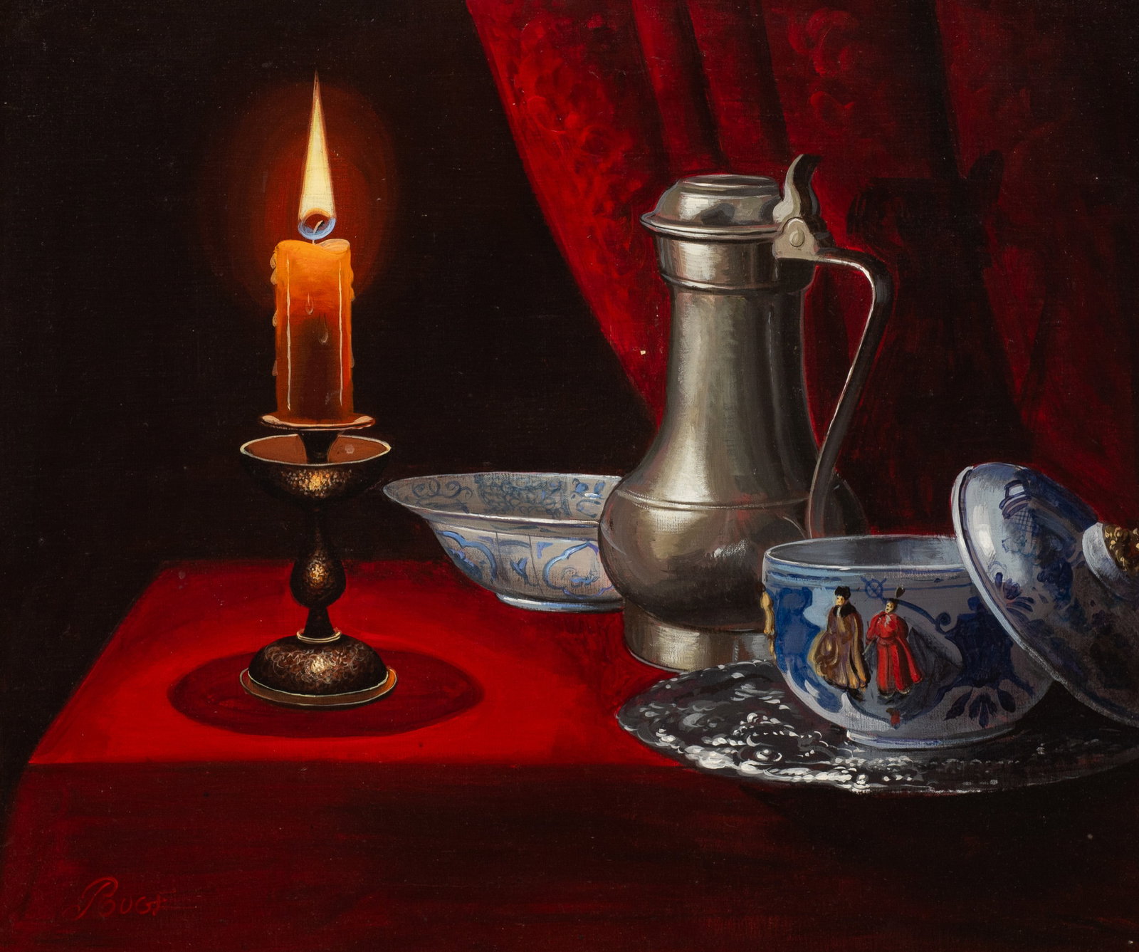 Still Life Painting with Candle, Sgd. "Ruge". (1 of 5)