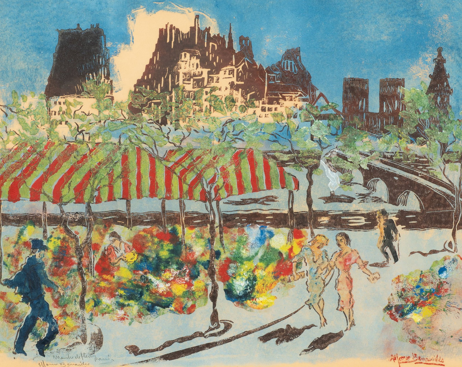 Marche aux Fleurs de Paris, Alfonso Benavides.: Artist(s): Alfonso Benavides (20th century), Market of Flowers, 1965 Medium: Stencil painting. Signature(s): Lower right, and left. Paperwork/Provenance: N/A Condition: Signs of toning and mat burn. A
