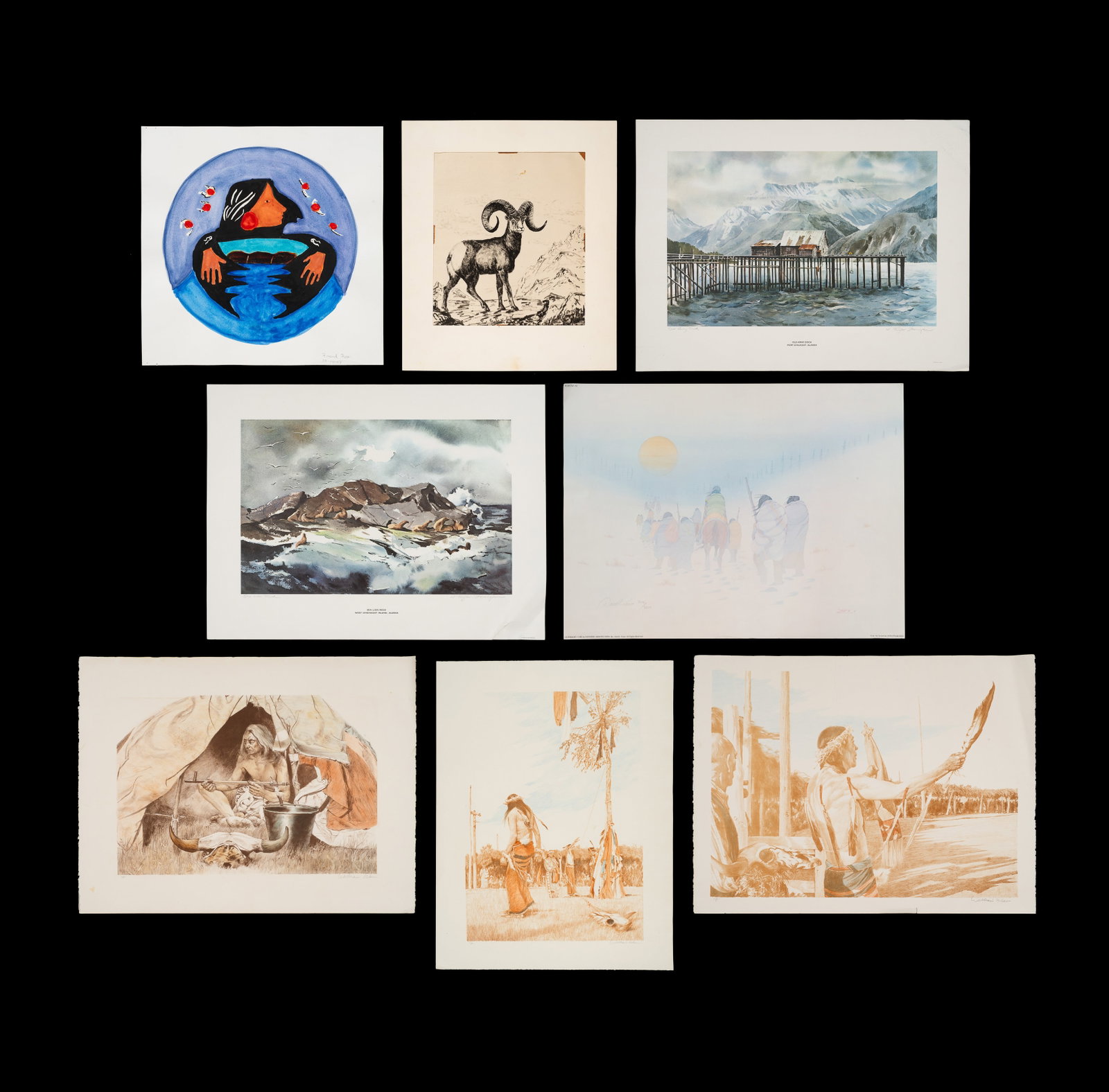 Lot of 8 Native American Themed Works, Unframed. (1 of 20)
