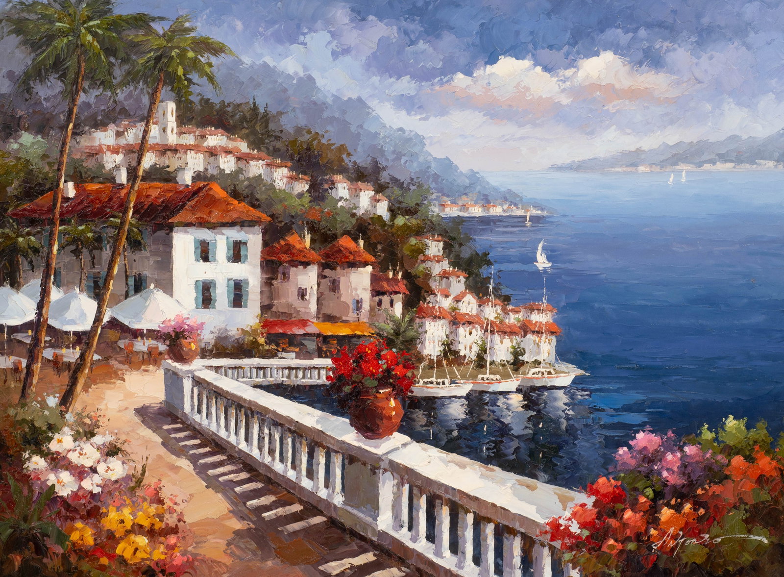 Painting of Italian Style Harbor, Antonio.: Artist(s): Unknown, 21st century. Medium: Oil painting on canvas. Signature(s): "Antonio", lower right. Paperwork/Provenance: N/A Condition: Some friction-related wear and paint loss to the outer marg