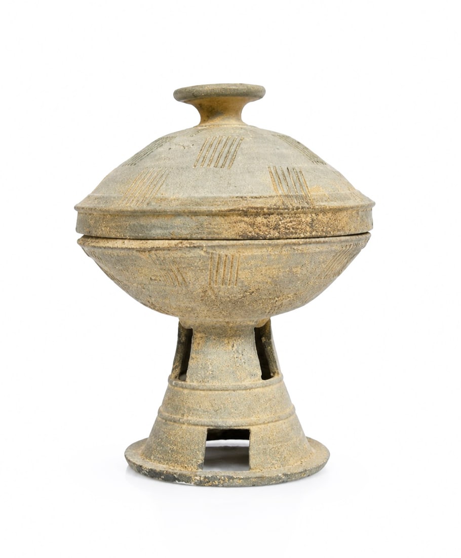 Silla Dynasty Korean Grey Stoneware Vessel.: This ceremonial presentation vessel has a lid. It is in good overall condition for its age (5th - 10th Century), but it does have a chip on the underside of the bowl, and on the underside of the lid, 