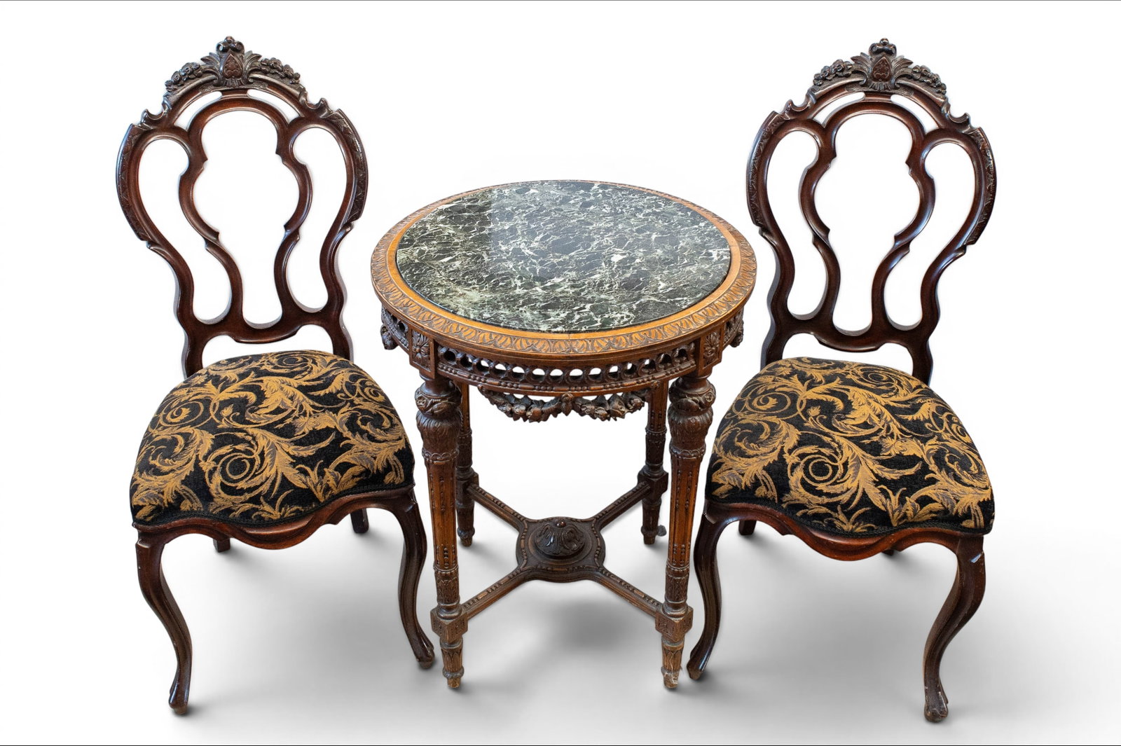 Carved Marble Top Table & Pair of Carved Chairs. (1 of 4)