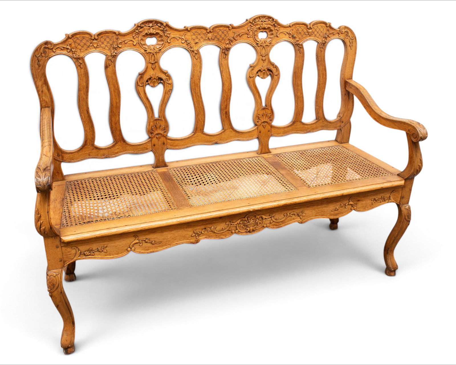French Carved Cane Seat Oak Bench - As Is. (1 of 4)