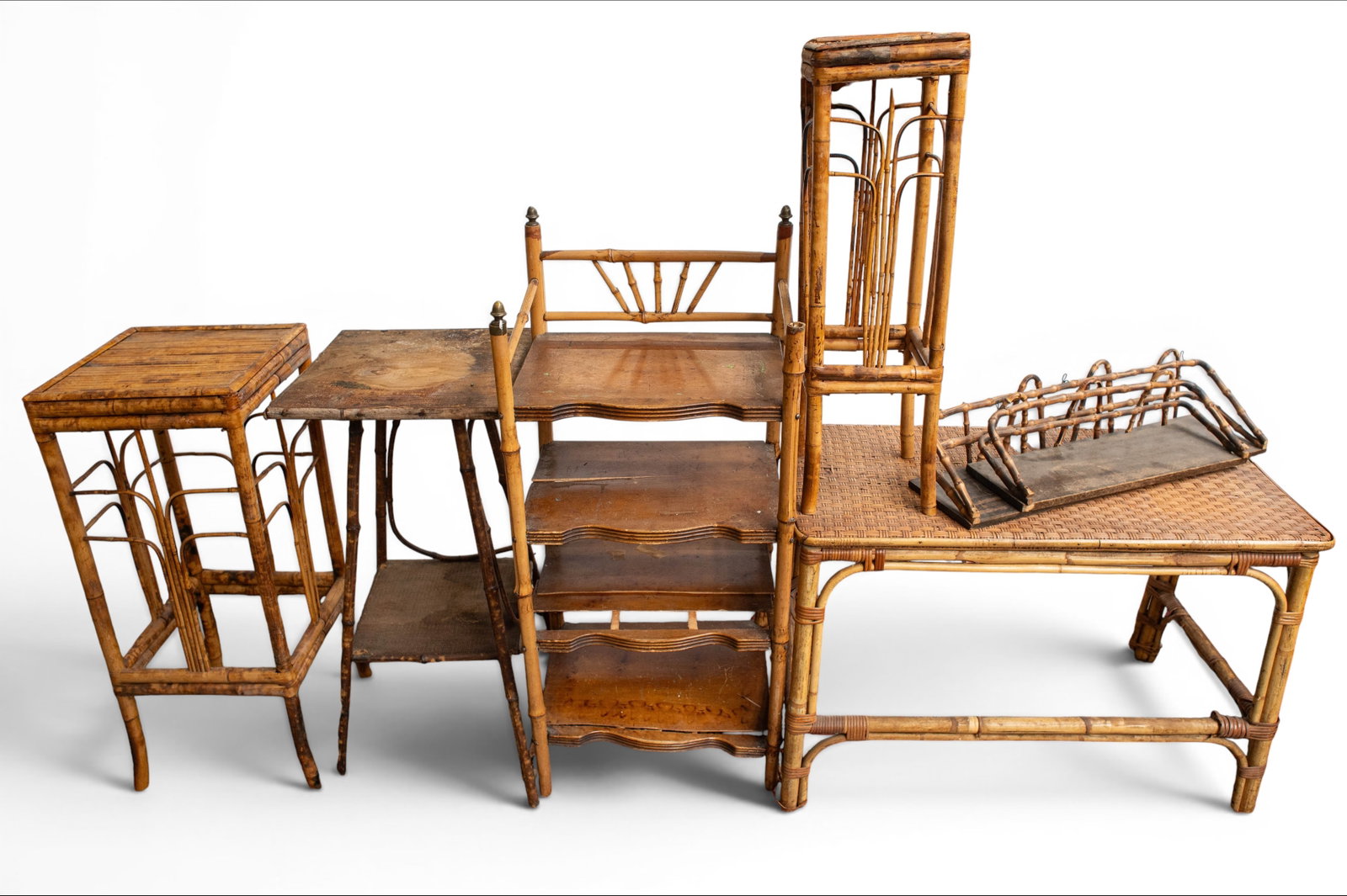 Lot of Antique Victorian Bamboo Furniture, As Is.: This lot includes three stands, a four-tiered whatnot shelf, a table, and two wall shelves. Most of the furniture is in rough condition, and is not stable. The whatnot shelf measures 16" wide, 13" dee