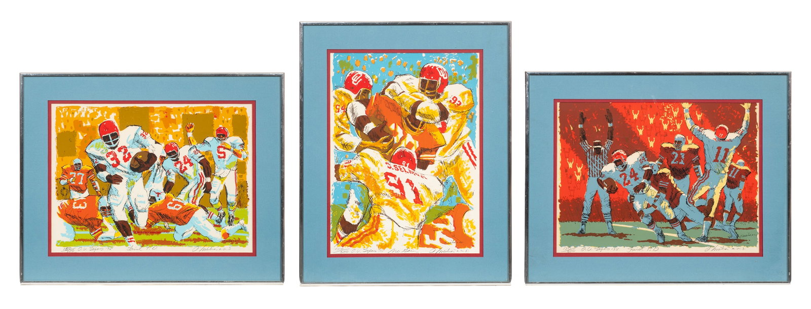 Oklahoma University Football Prints, Jay O'Meilia.: Artist(s): Jay O'Meilia (American, 1927-2022). "First T. O.", "Final T. O.", and "No Gain", 1975. Medium: Serigraphs in colors. Signature(s): Each are pencil signed, titled, and numbered in their lowe