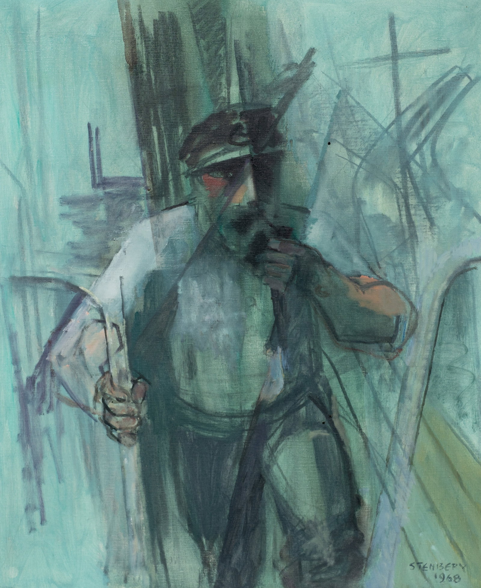 Cubist Style Figural Painting, Algot Stenbery.: Artist(s): Algot Stenbery (American, 1902-1983). Title: "Sea Captain", 1968. Medium: Oil painting on canvas. Signature(s): Lower right. Titled and signed en verso. Paperwork/Provenance: Comes with a s