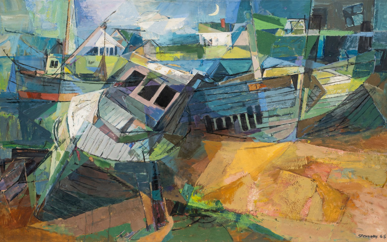 Cubist Harbor Scene Painting by Algot Stenbery.: Artist(s): Algot Stenbery (American, 1902-1983). "Derelicts - Wellfleet, Mass.", 1965. Medium: Oil painting on canvas. Signature(s): Signed and dated, lower right. Paperwork/Provenance: Comes with a p