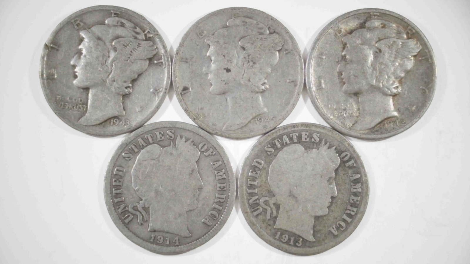 Lot of Mercury Head and Barber Silver Dimes.: All of the coins are circulated. There are 2 Barber dimes - 1913-P and 1914-P. There are 3 Mercury head dimes - 1942-D, 1943-P, and 1940-S. In-house shipping is available. Please see our website regar
