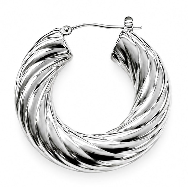 14K White Gold Single 3.5 Pennyweight Hoop Earring: The earring is marked appropriately on the post. It weighs 3.5 Pennyweight, or 5.5 Grams. It measures 37mm in diameter. It is in overall good condition. In-house shipping is available. Please see our 