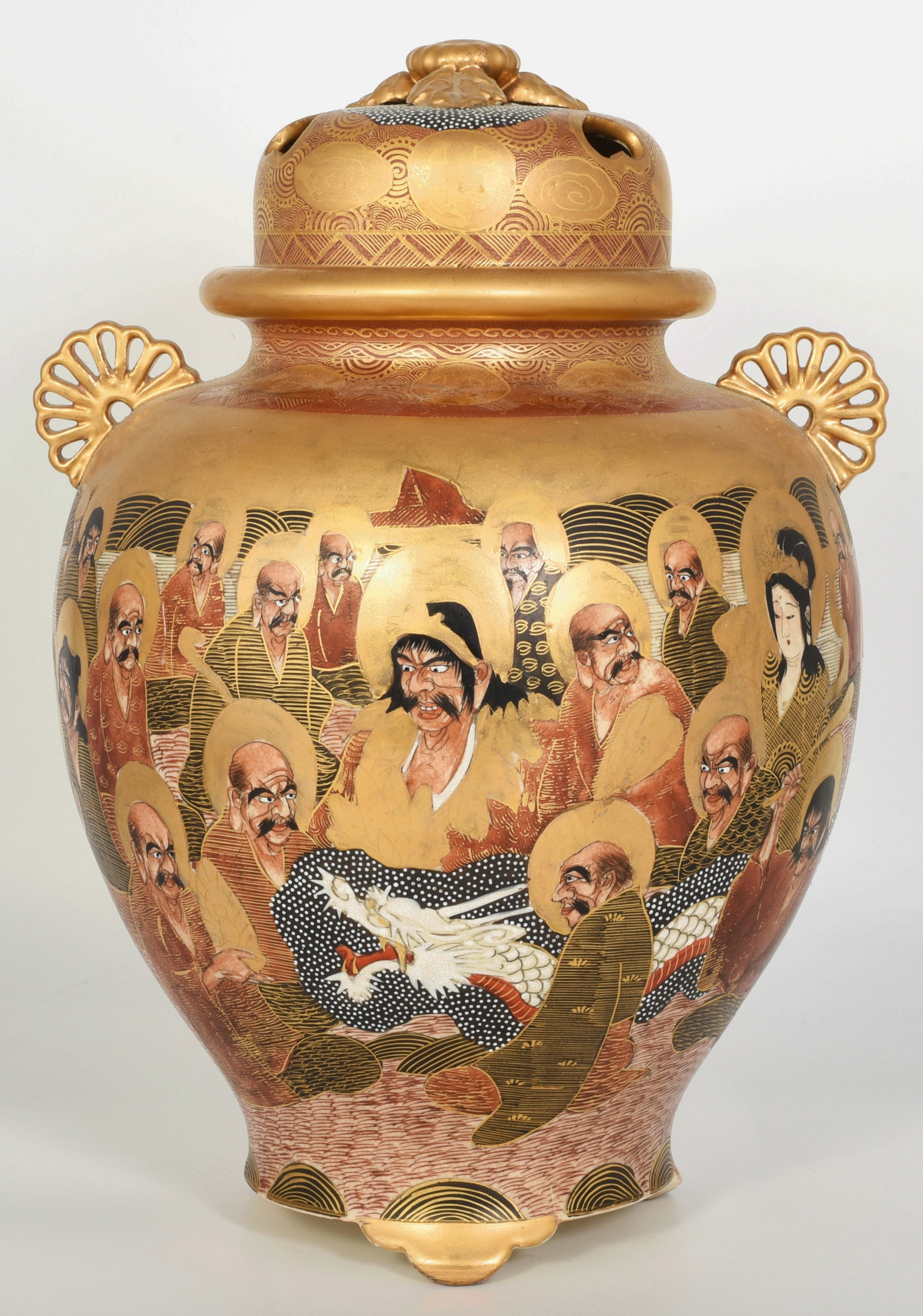 Old Signed Japanese Handpainted Satsuma Urn.: The piece is signed on its underside, and marked "Made in Japan". It has a 1" crack on the interior of the lid (does not go through), but is in good overall condition otherwise. It measures 13 1/4" ta