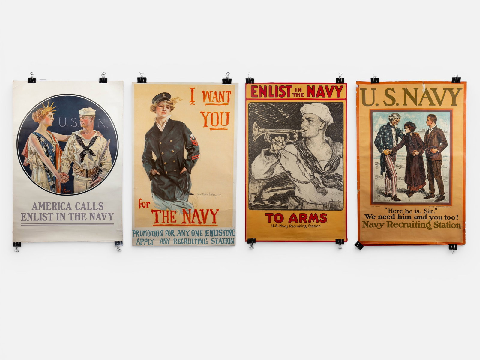 Lot of 4 WWI U.S. Navy Recruitment Posters.: The lot contains 4 antique posters from 1917. The first poster is "America Calls / Enlist in the Navy" by Joseph Christian Leyendecker. There is a tear on the woman's hair, as well as some edge and co