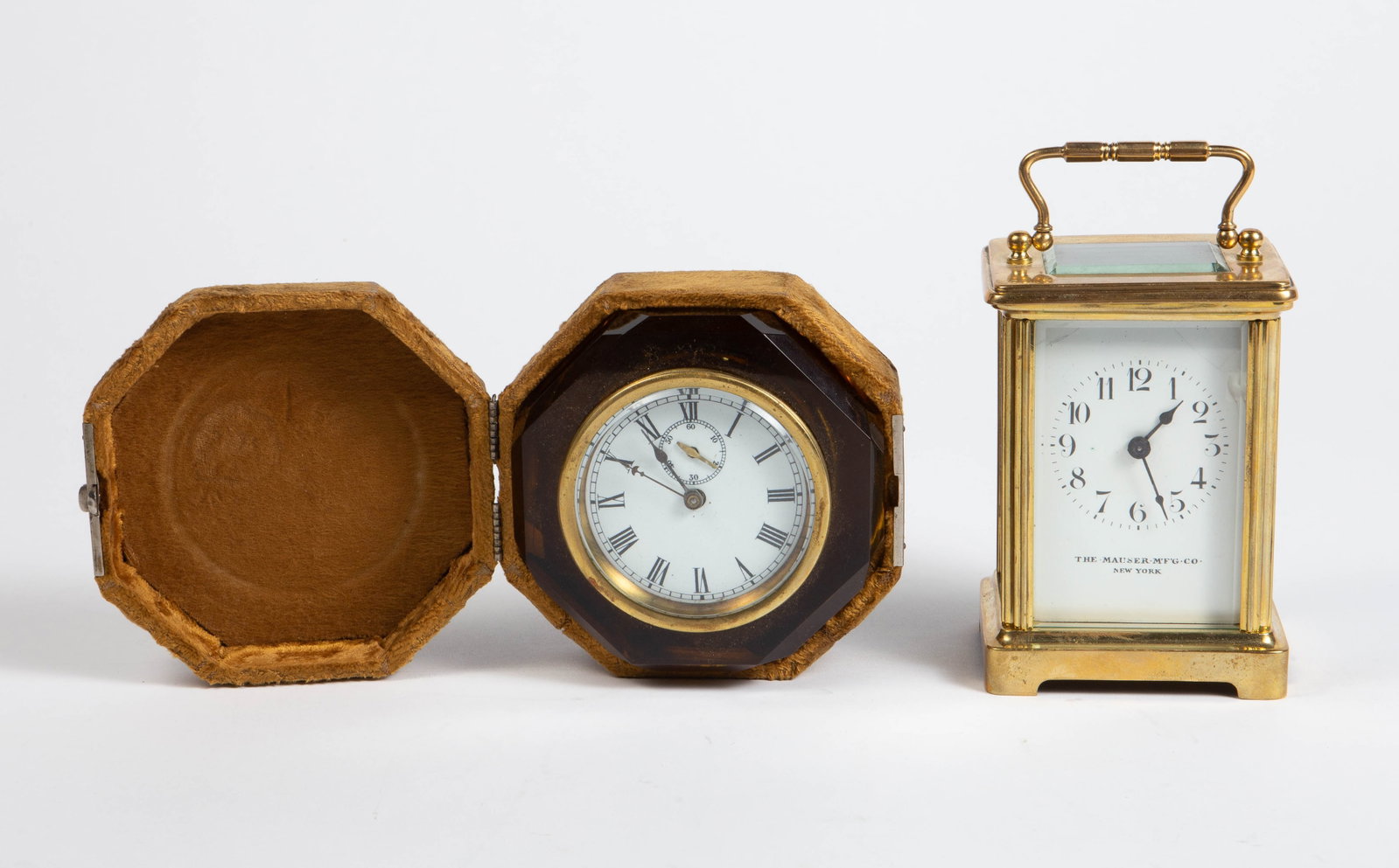 2 Clocks - Brass Carriage & Welch Amber Cut Glass. (1 of 10)