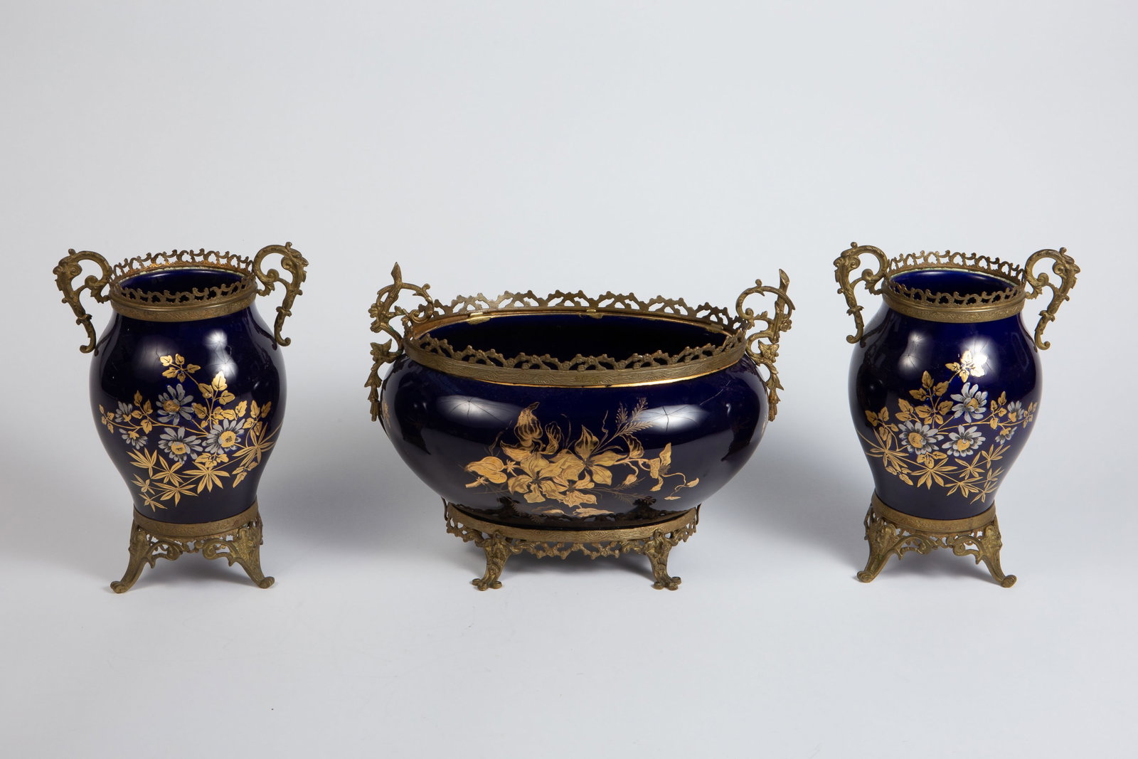 Sarreguemines Cobalt Blue Vases w/ Bronze Mounts. (1 of 6)