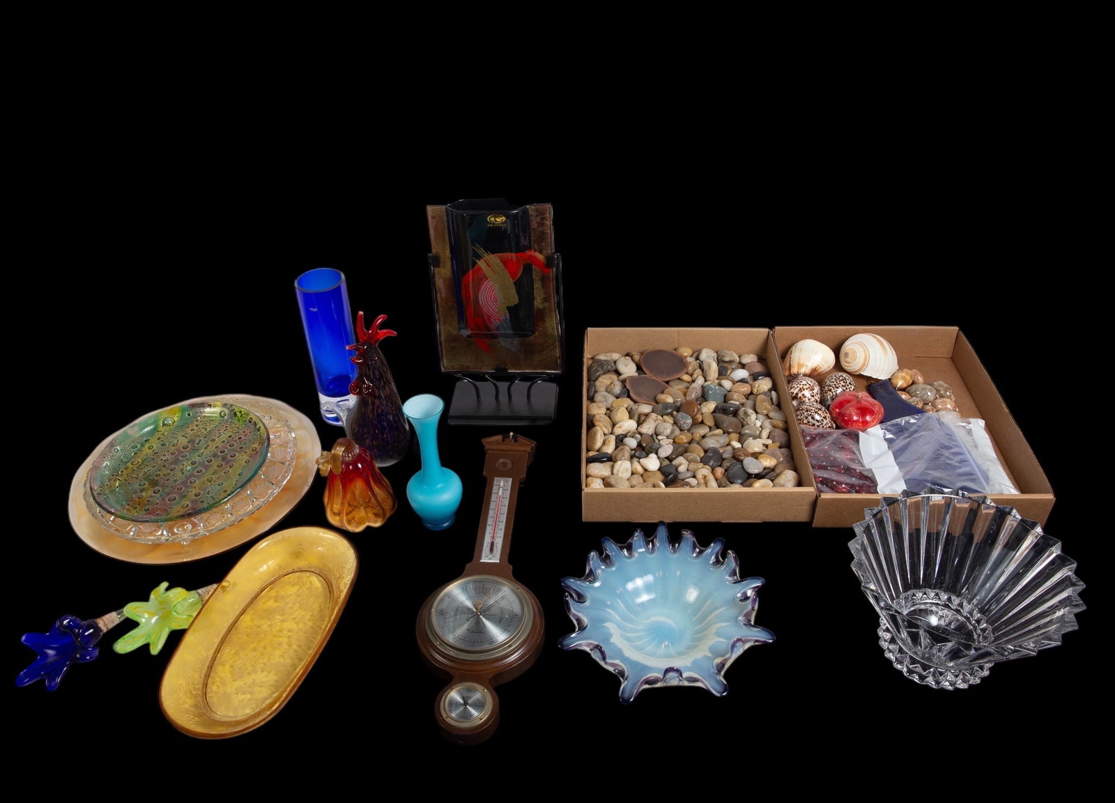 Lot: Art Glass, Stones, Sea Shells, Barometer. (1 of 6)
