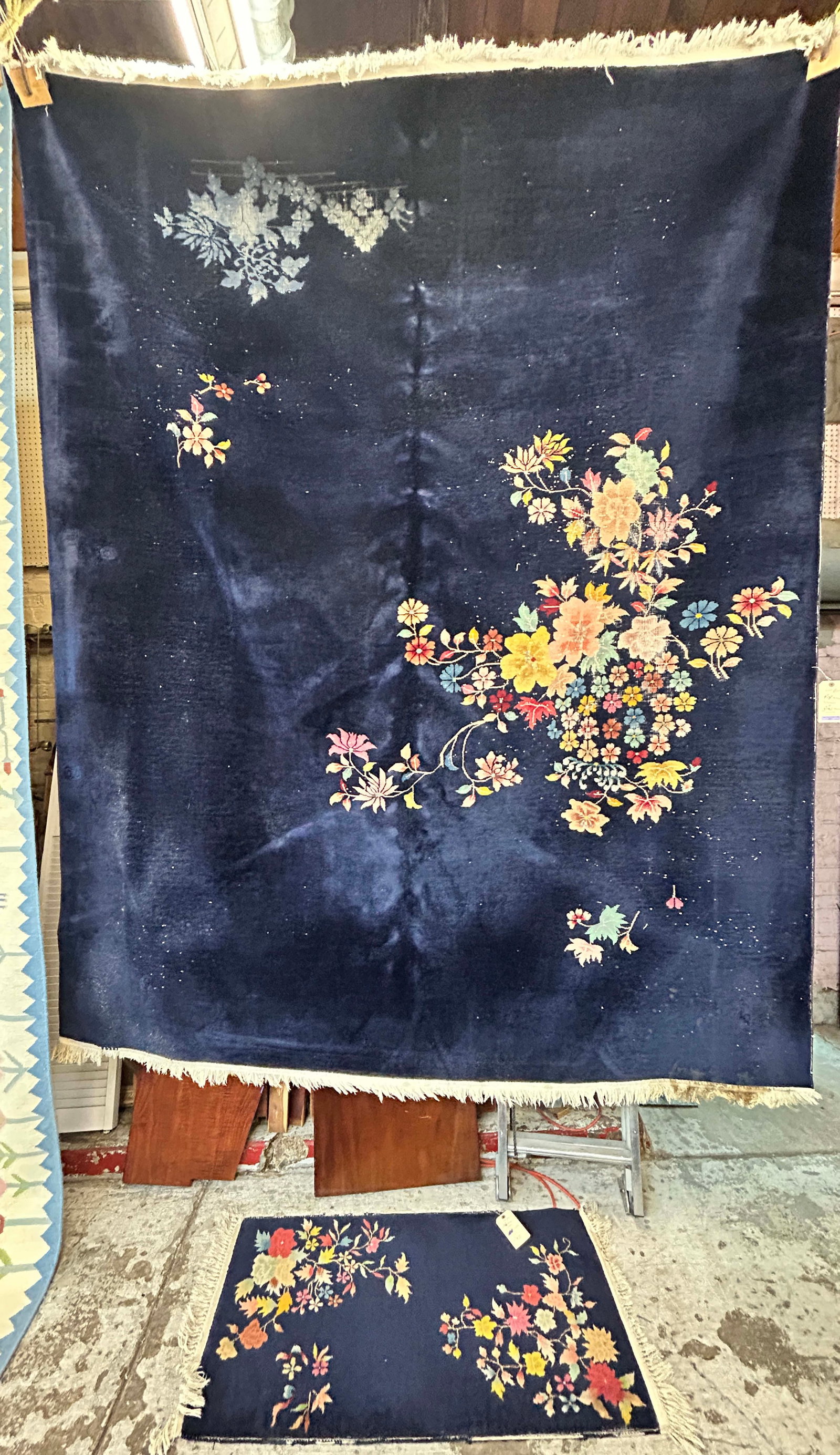Room Size & Small Chinese Art Deco Rug Set.: The large rug measures 7' 9" x 9' 8". The small rug measures 2' x 3' 9". The smaller rug is in better condition. It has a good deal of edge wear, though. The large rug has a lot of wear in several lar