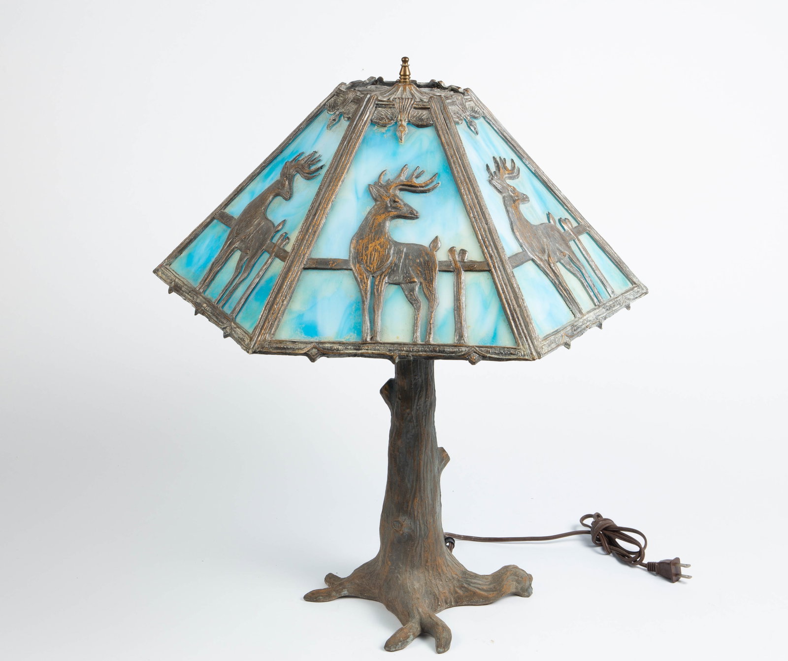 Slag Glass Hexagonal Lamp w/ Elk Motif. (1 of 9)