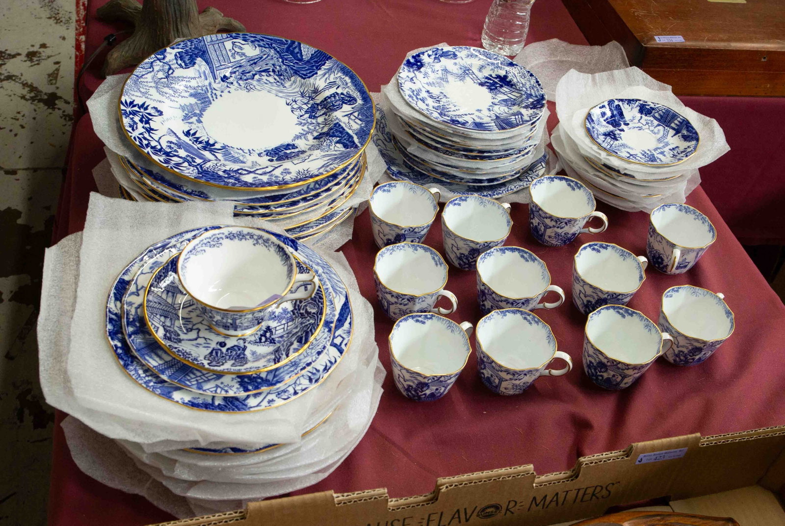 Royal Crown Derby "Mikado" Service for 11: The lot contains 59 pieces of porcelain Royal Crown Derby china in the "Mikado" design. There are 11 dinner plates, 11 salad plates, 11 dessert plates, 12 saucers, and 11 coffee cups, 1 tea cup, and 2