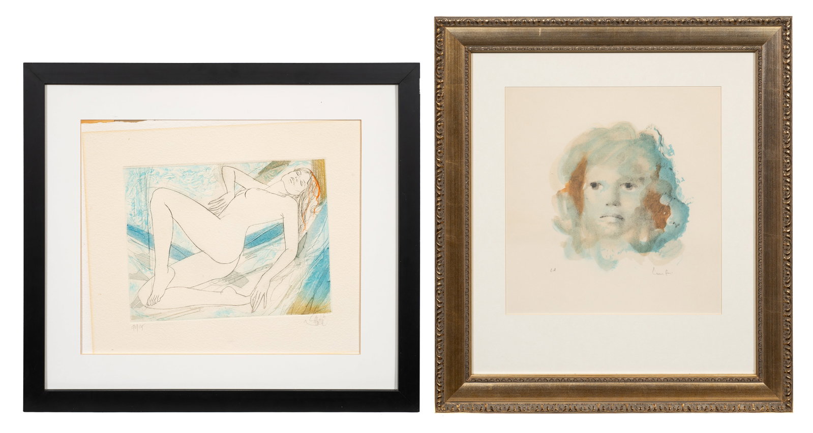 Lot of Two Prints - Jean Valadie and Leonor Fini.: This lot contains a pencil signed and numbered nude etching by Jean-Baptiste Valadie (French, b. 1933), and an artist proof lithographic portrait in blue by Leonor Fini (Argentine, 1907-1996).