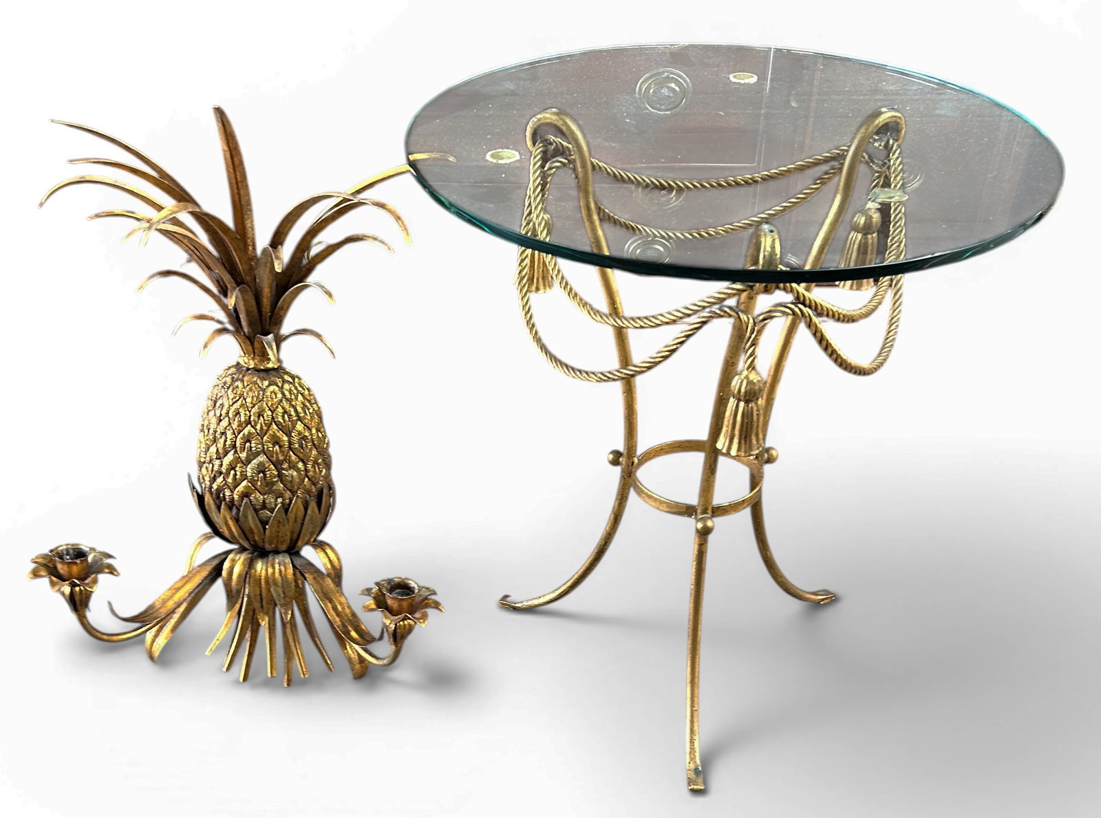 Italian Pineapple Sconce & Regency Side Table.: The lot contains 2 Hollywood Regency style gold gilded items. There is a gilded metal pineapple 2-arm candle tole wall sconce, with a Made in Italy tag on the back. It measures 23 3/4" tall, 15 1/8"