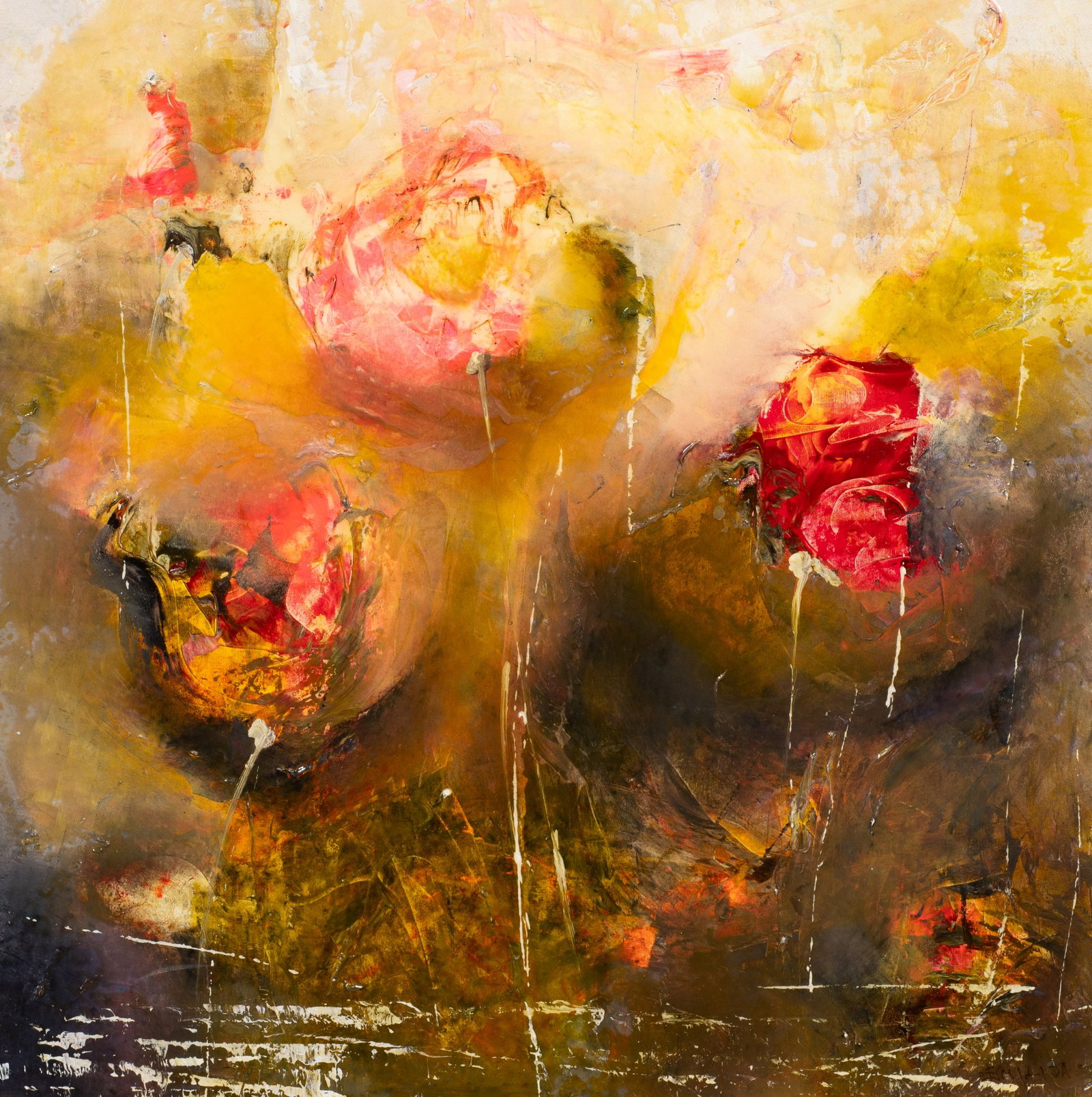Encaustic Floral Painting, Emilija Pasagic.: Artist(s): Emilija Pasagic (Serbian, 20th/21st century). Medium: Encaustic oil painting on canvas. Signature(s): Lower right. Paperwork/Provenance: Attached en verso is an artist bio from Art Post Gal