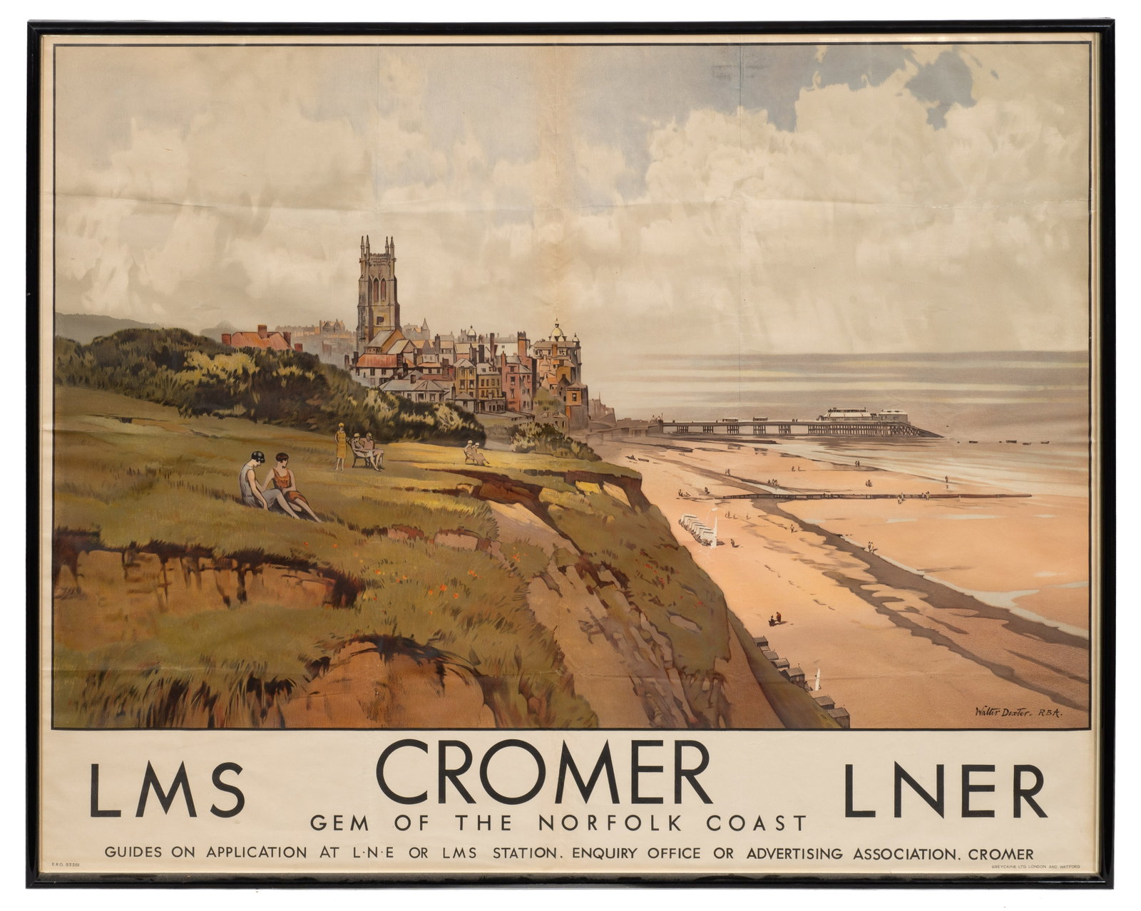"Cromer Gem of the Norfolk Coast" Travel Poster.: It is framed and protected under Plexiglass. The poster has some fold creases and a few small tears, but presents well overall. The artist is Walter Dexter. The frame dimensions are 40 3/4" x 51" x 1 