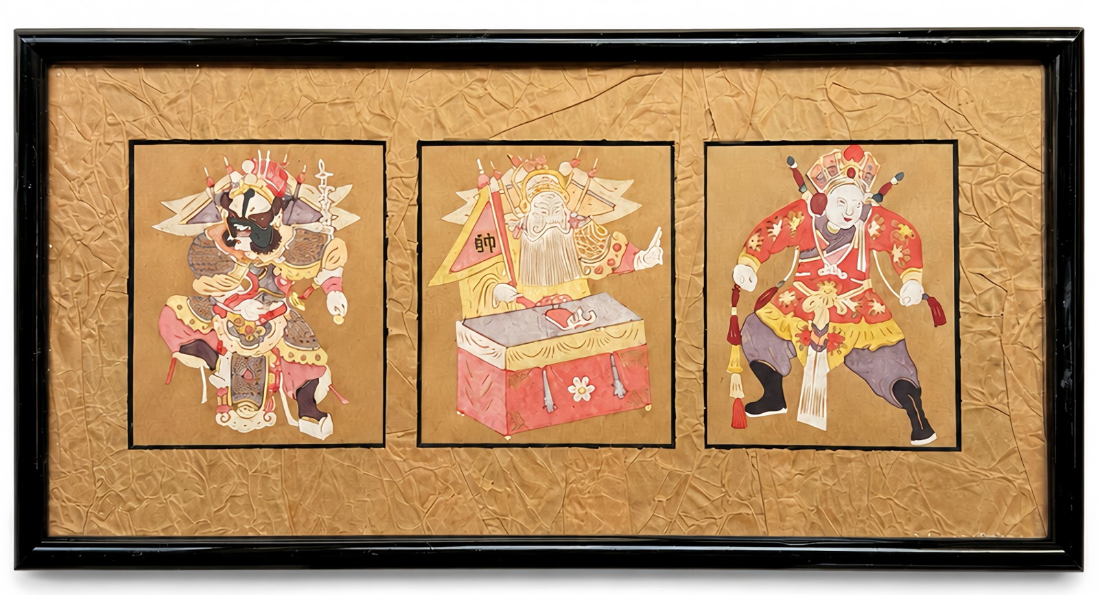 Framed Display of Antique Chinese Paper Cutouts.: The lot consists of a small framed display of 3 Chinese folk art figural paper cutouts. The piece was purchased at Mountain Folkart in Hong Kong, and framed in Evanston, Illinois. Each of the sight si