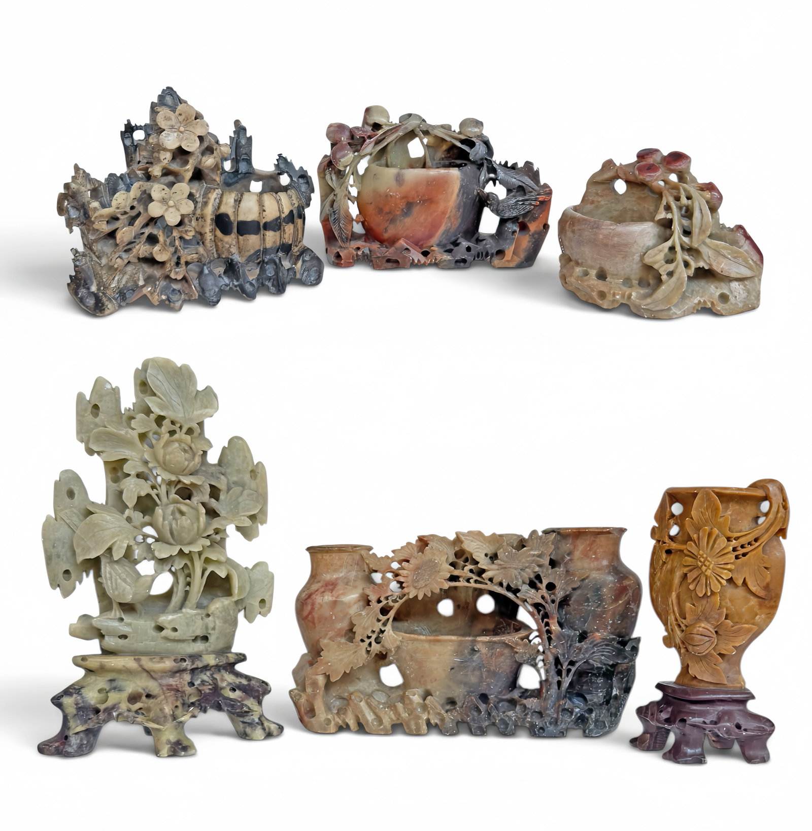 Lot of Carved Soapstone Chinese Vases & Sculpture.: The lot contains 6 carved stone items. The smallest piece, which may be an inkwell, measures 2 3/4" tall, 3 7/8" wide, and 2" deep. The largest item, the sculpture, measures 7" tall, 4 3/8" wide, and 