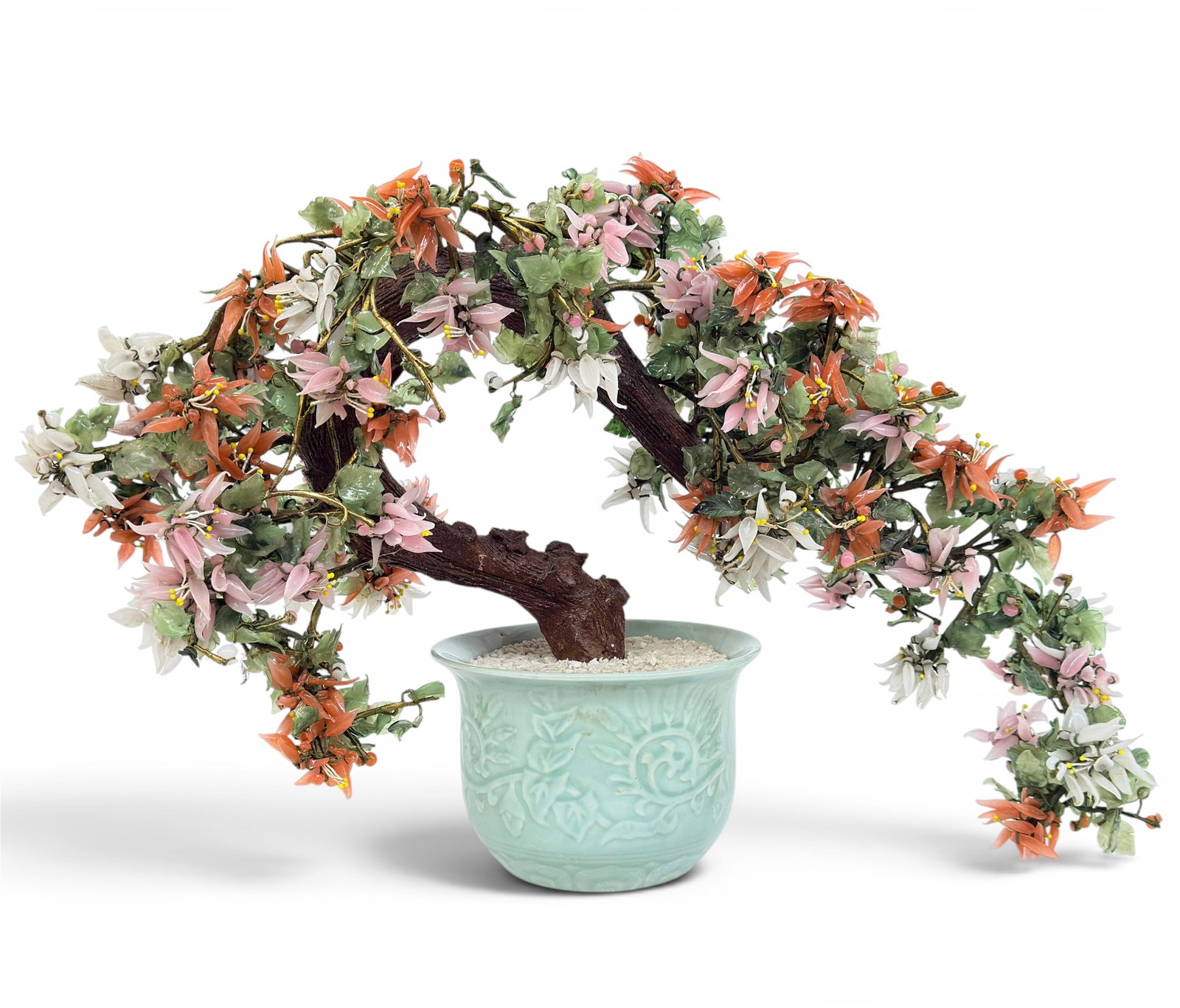 Vintage Chinese Flowering Glass Bonsai Tree.: The piece has pink, green, and white blown glass pieces depicting the tree's leaves and flowers. It measures 17 1/4" tall, 28 1/2" wide, and 10 1/4" deep (including the celadon pot). There are scratch