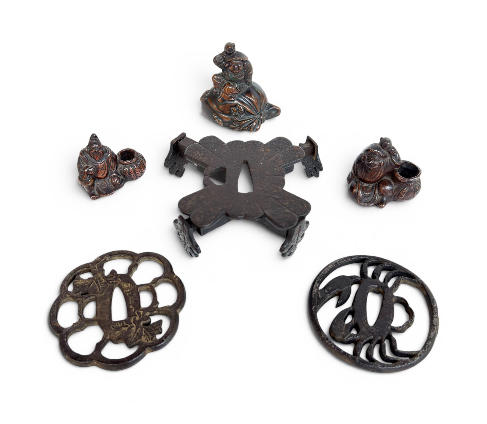 6 Japanese Items - Tsuba Guards, Metal Figurines.: There are 2 cast iron tsuba sword guards, a cast iron extendable trivet, and 3 small figurines or sculptures. The sculptures are metal, with a bronze-toned finish. The smallest item measures 1 3/4" ta
