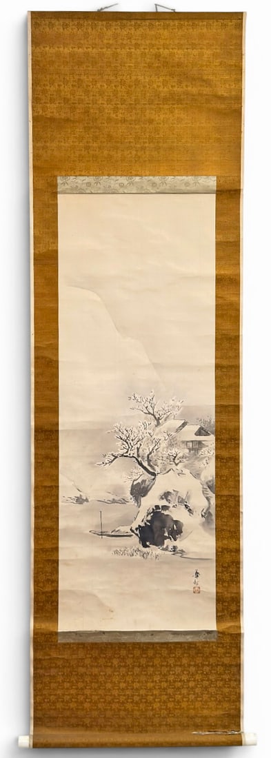 Japanese Ink on Silk Winterscape.: The piece is signed on the lower right side. The sight size measures 44 1/2" long and 16 1/8" wide. The fully extended scroll measures 74 1/4" long and 22" wide (excluding the length of the plastic cy