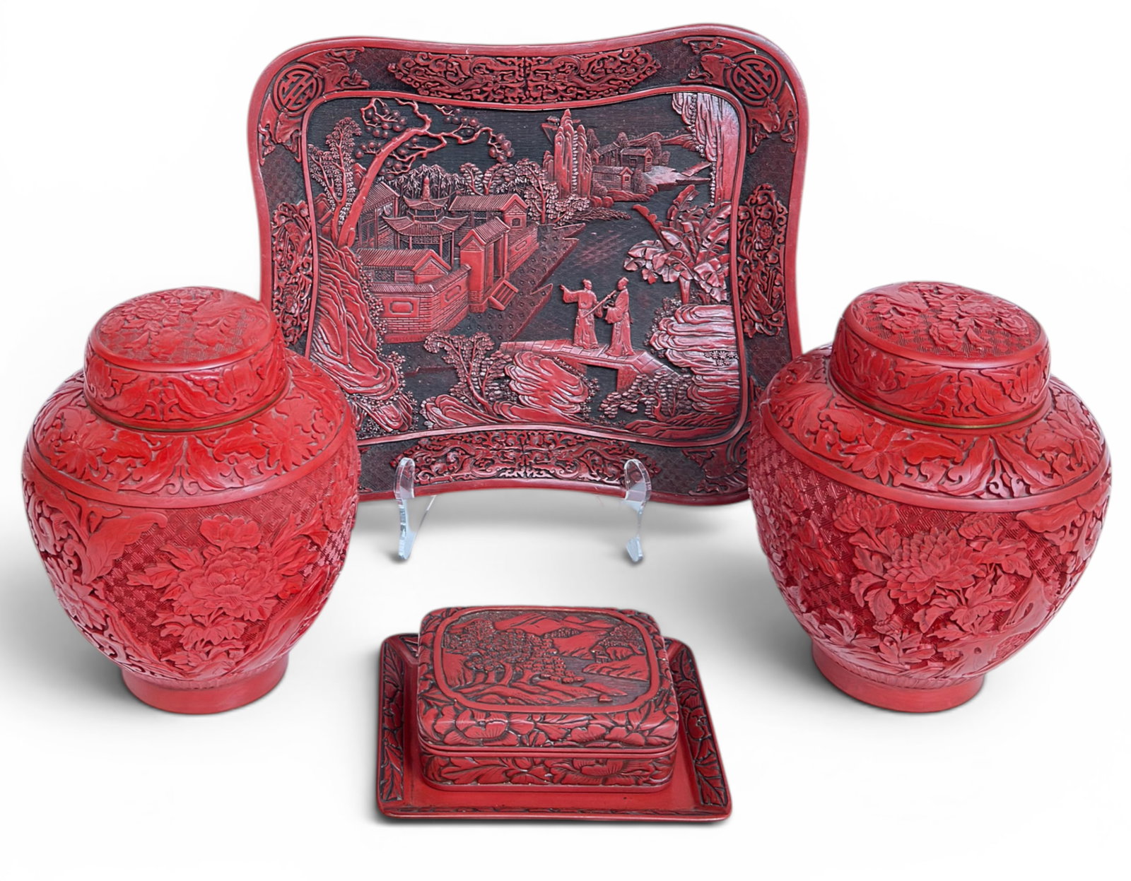 Lot of 5 Vintage Chinese Carved Cinnebar Items. (1 of 10)