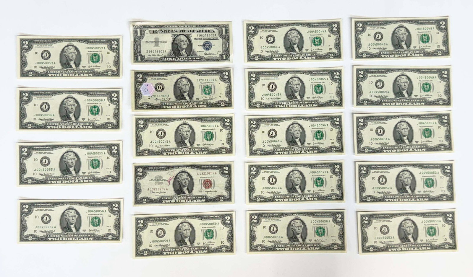 Lot: One $1 Silver Certificate & 17 $2 Notes. (1 of 7)