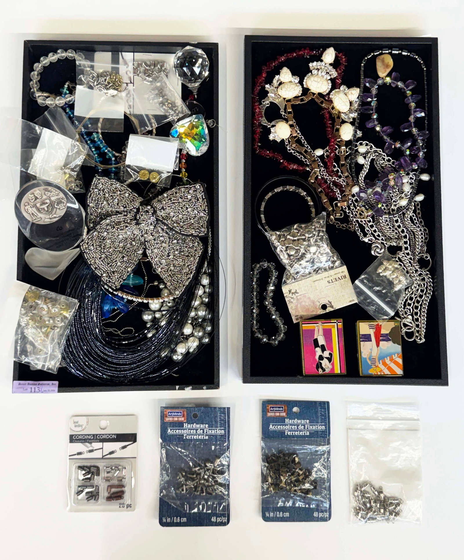 Lot of Costume Jewelry & Maker's Items - Abroms.: The lot contains over 30 items. There are 10 necklaces, 9 bracelets, a headband, a hair bow with rhinestones, a compact mirror, a couple of small table sculptures, a cut crystal pendant, and 13 baggie