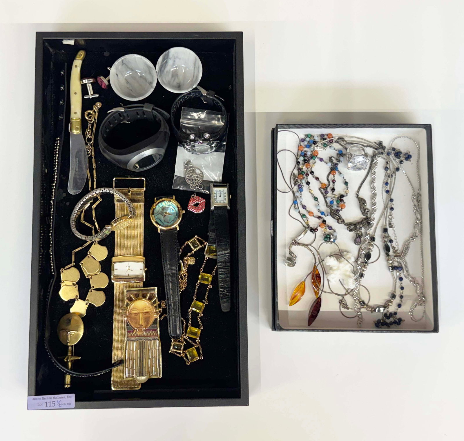 Lot Jewelry, Watches, More - 925, Amber, Diamonds.: The lot contains 26 items. There are 14 pieces of jewelry, including 10 sterling silver items, 6 watches, 2 small carved marble bowls, and a Laguiole France butter knife with a bakelite and brass hand