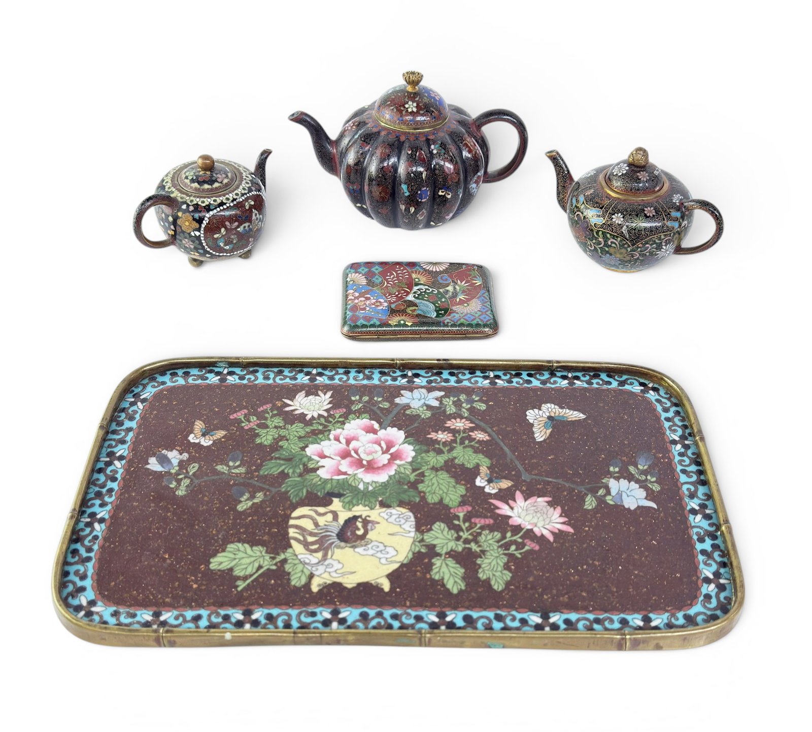 Antq. Japanese Cloisonne Mini Tea Pots, Tray, etc. (1 of 10)