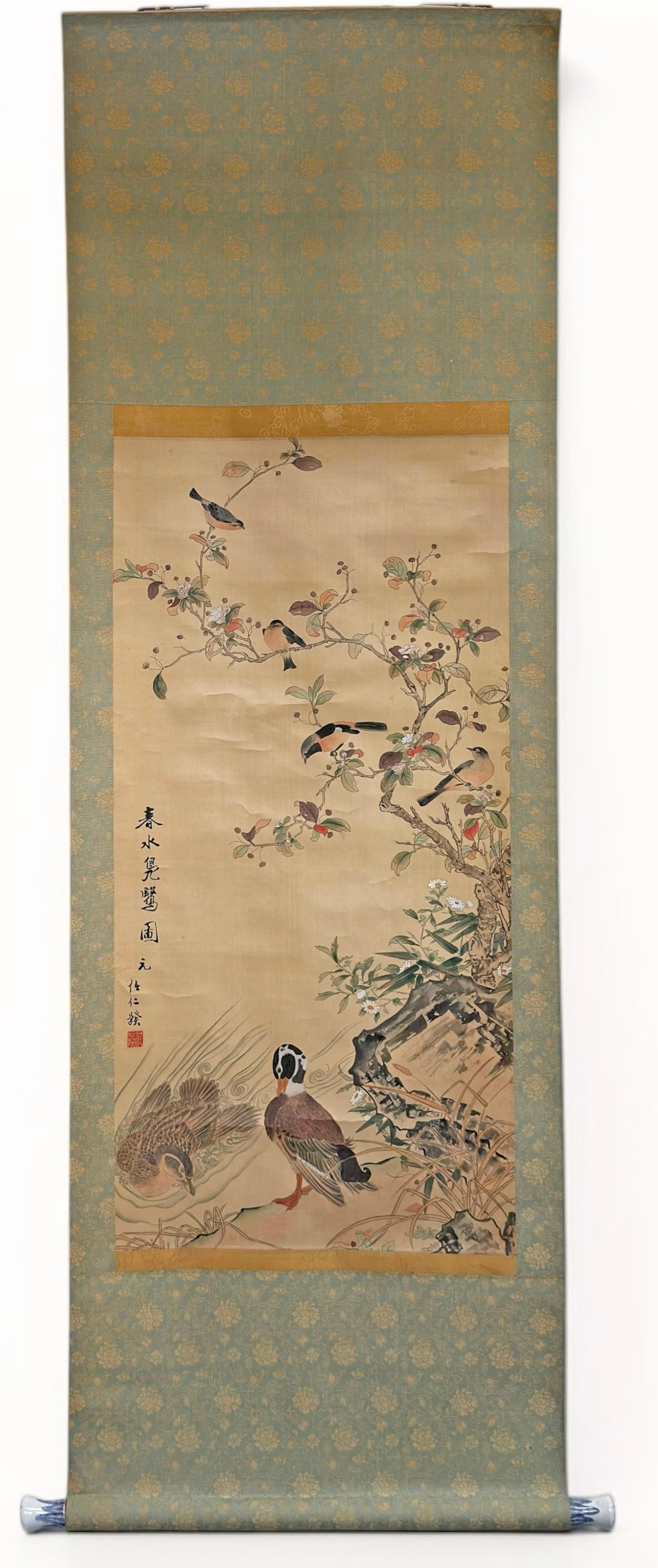 Chinese Painted Nature Scene on Silk by Renfa.: This 20th Century piece depicts a nature scene with a duck, birds, and flowers. It is signed by Ren Renfa on the left side. The sight size measures 35 3/8" x 17 5/8", and the extended scroll measures 
