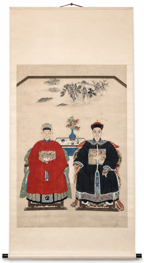 Lg. Antique Ancestral Figural Painting on Scroll. (1 of 4)