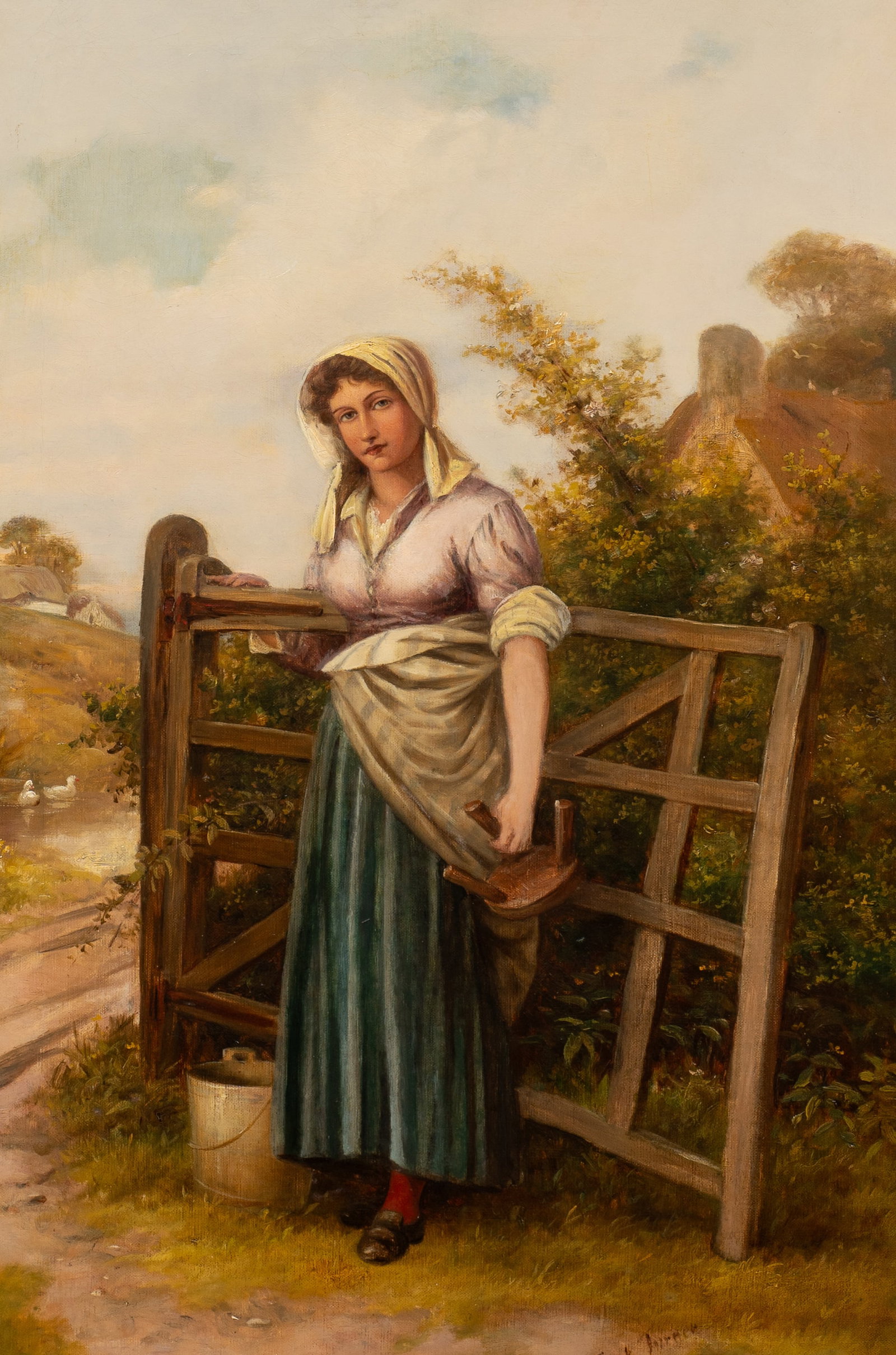 Antique Painting of Milkmaid, Frank Turner. (1 of 5)