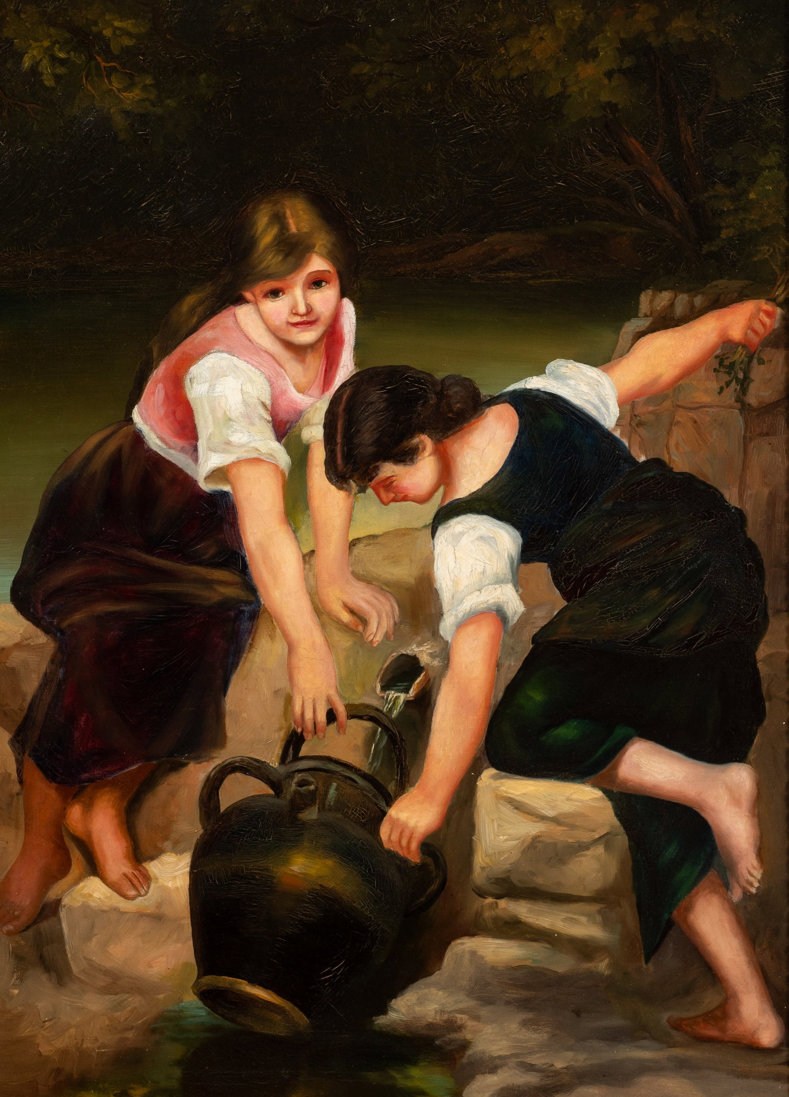 Two Girls Collecting Water, Unsigned Painting. (1 of 4)