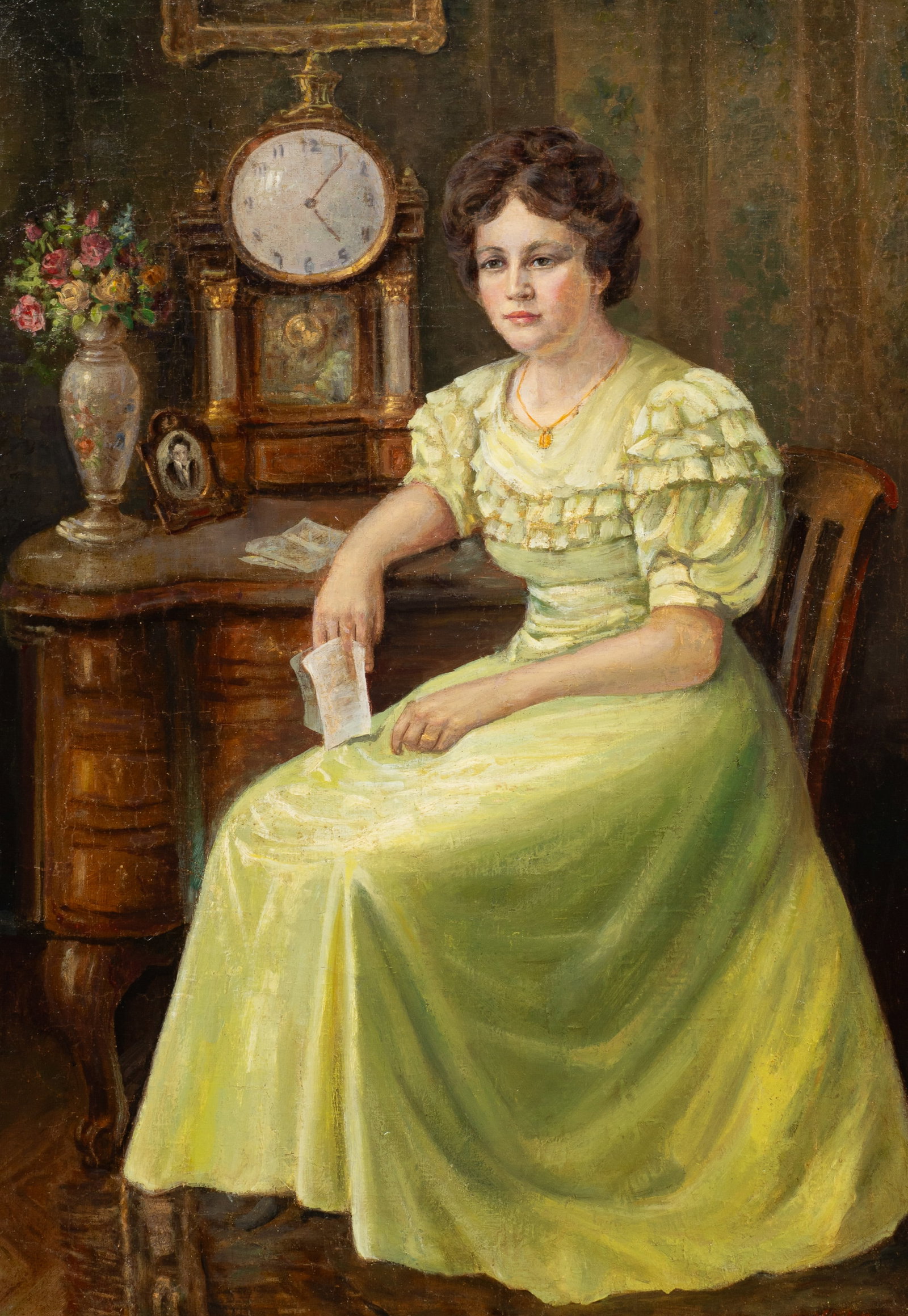 Portrait of Seated Woman by Edith Kubicek.: Artist(s): Edith Kubicek (20th/21st century). Medium: Oil painting on canvas. Signature(s): "Ed. Kubicek", lower right. Paperwork/Provenance: N/A Condition: The painting has been restretched. There
