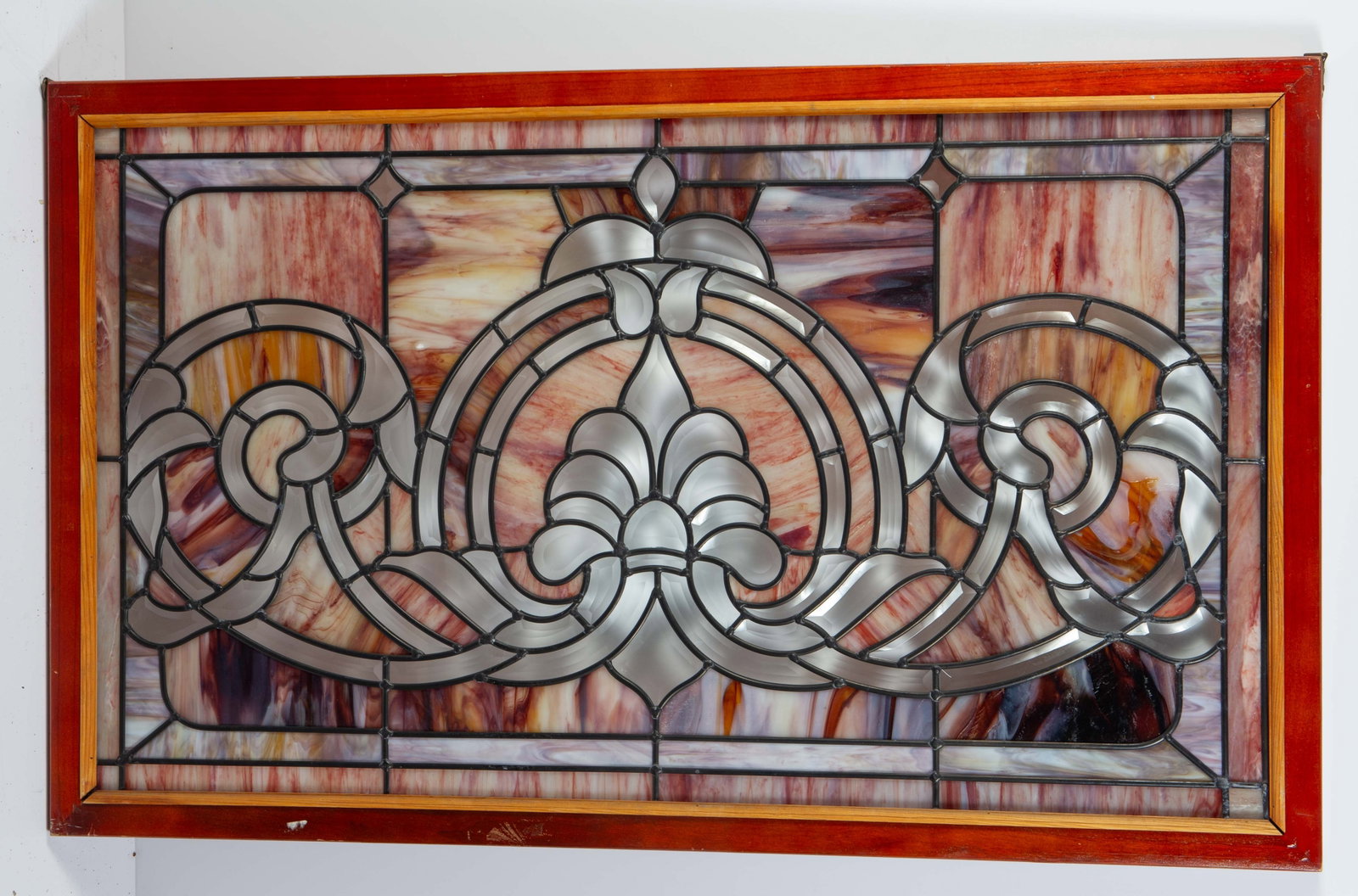 Slag and Leaded Glass Transom Window w/ Wood Frame (1 of 4)