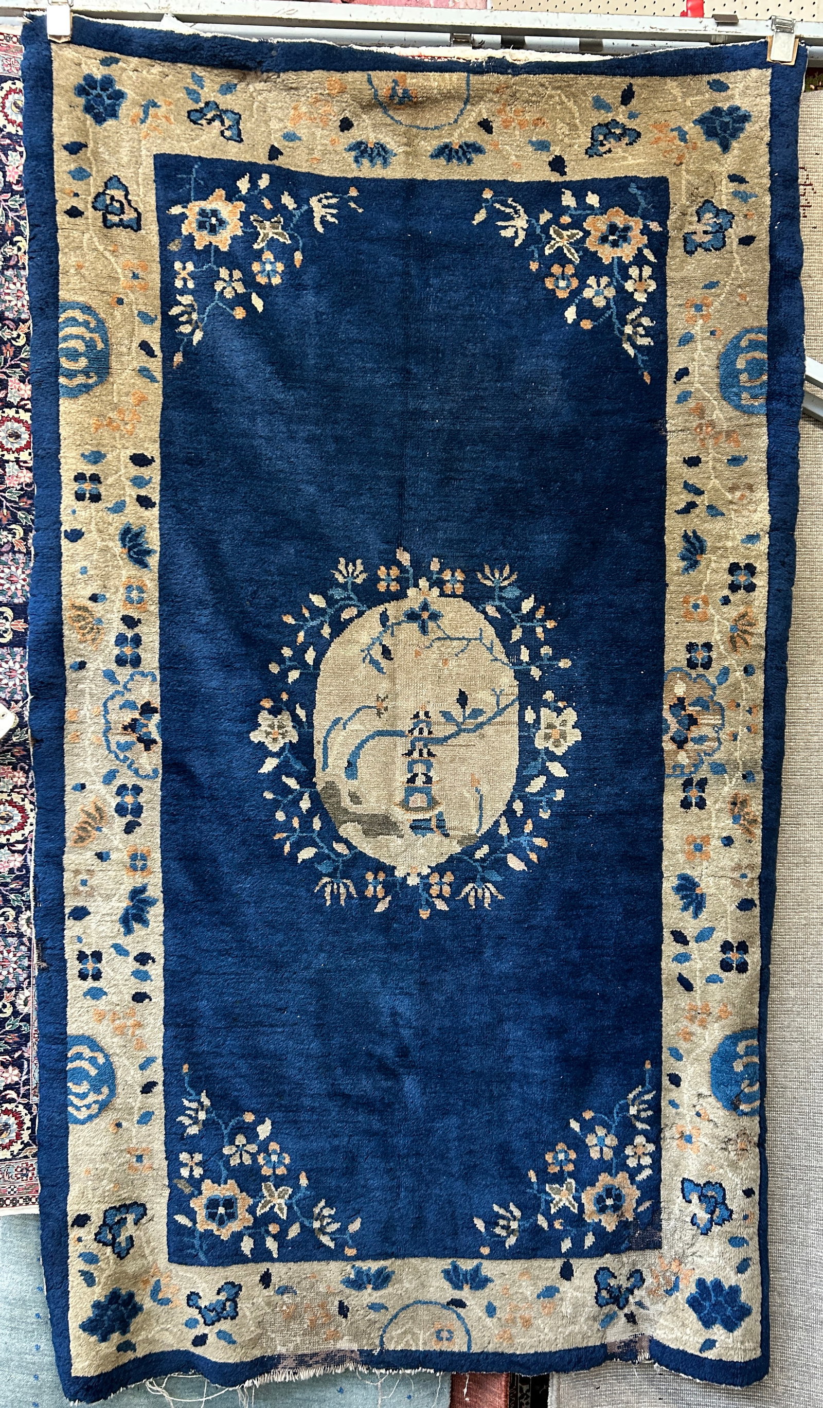 Appx. 4' x 6' Antique Chinese Rug, As Is.: The rug has old moth damage from a long time ago (please see photos). In house shipping is available for this rug. Please see our website for in house shipping procedures.