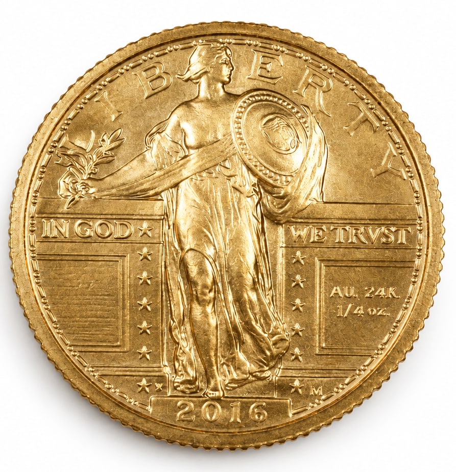 2016-W Gold Commemorative Standing Liberty Quarter: The coin contains 1/4 troy ounce of .9999 fine gold. The coin is in very fine condition. In-house shipping is available. Please see our website regarding in-house shipping procedures.