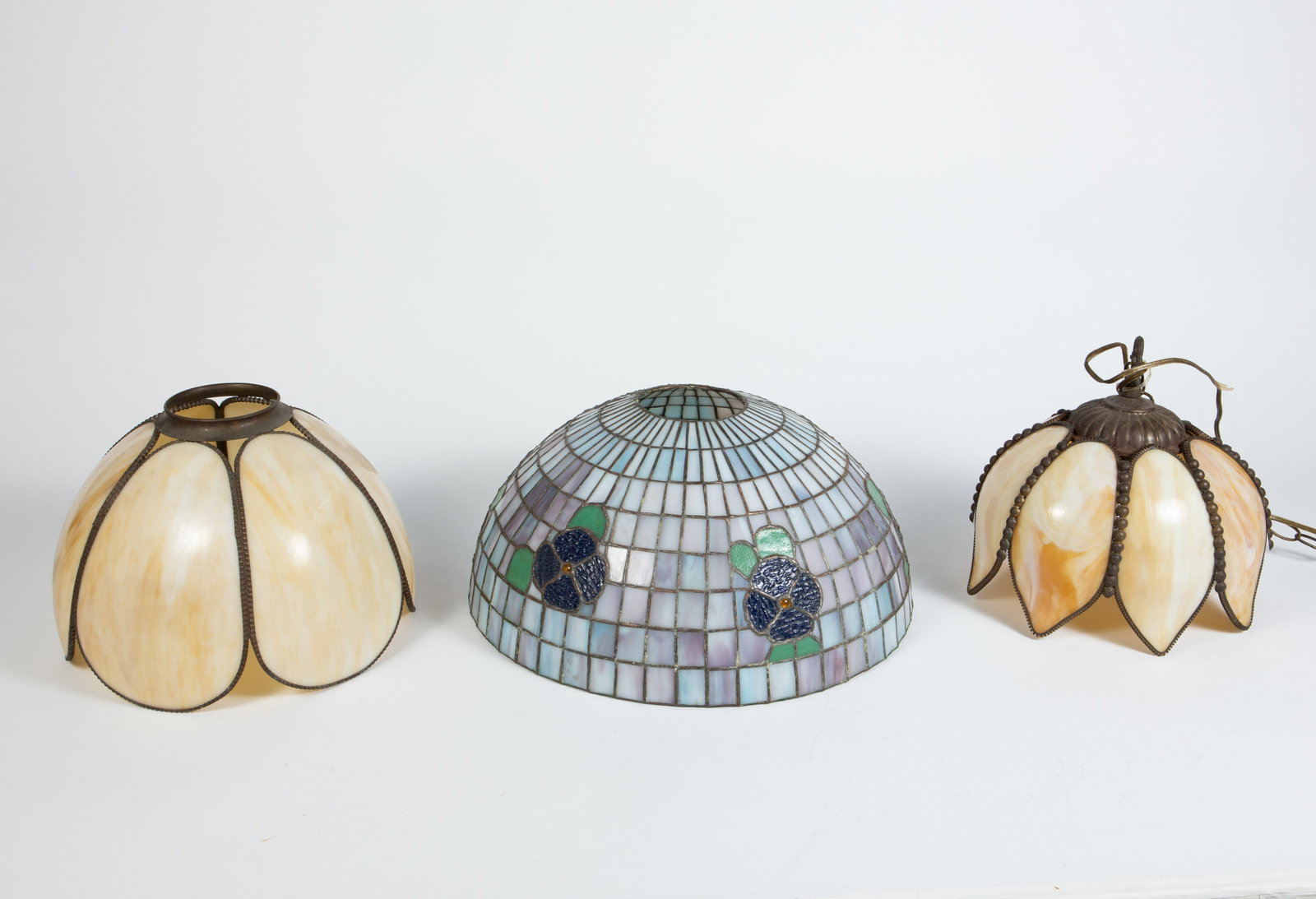 Lot: Slag Glass Shades & Brass Prism Fixtures. (1 of 3)