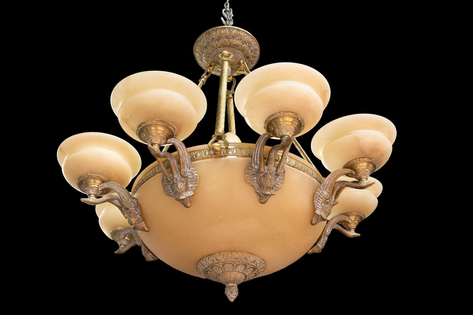 Italian Brass Alabaster Chandelier w/ Swan Arms. (1 of 6)