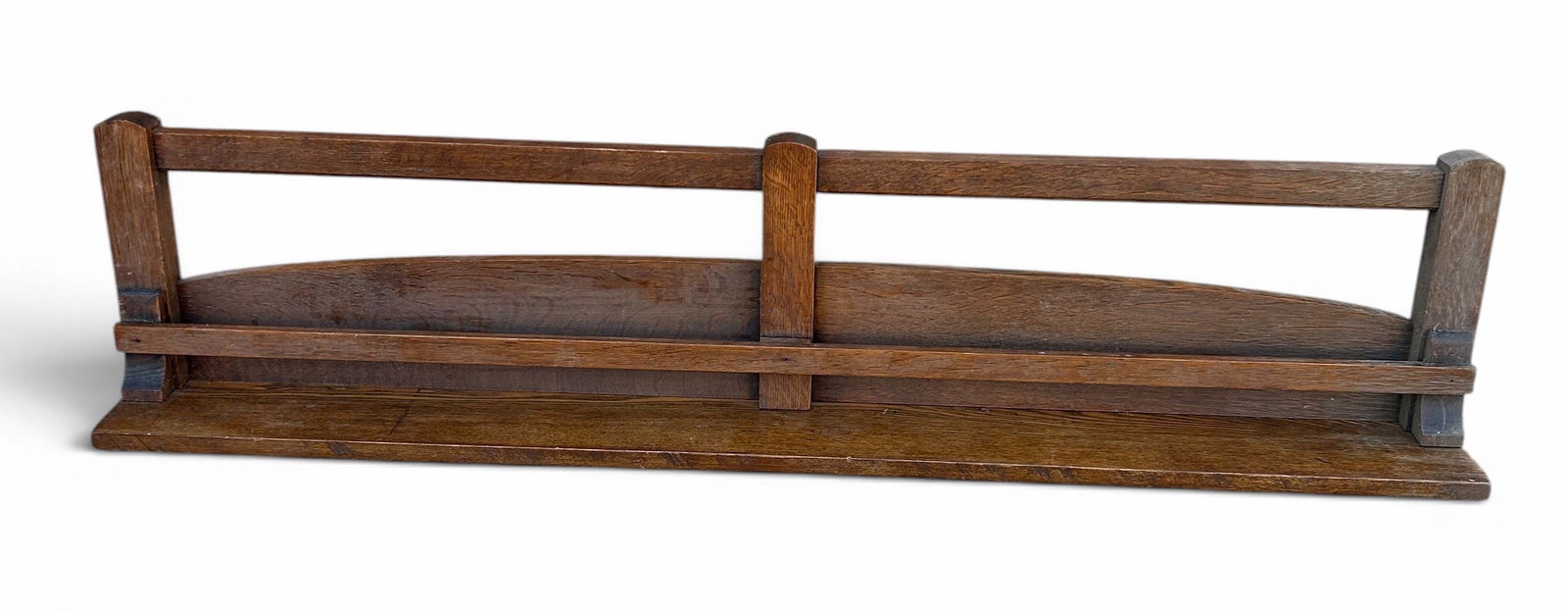Mission Oak Plate Rack or Shelf.: The plate rack or shelf has a 6" deep linear mission-style construction to hold the display plates over it. It measures 12 3/4" tall and 56 1/8" long. There are a few cracks and indentations on the
