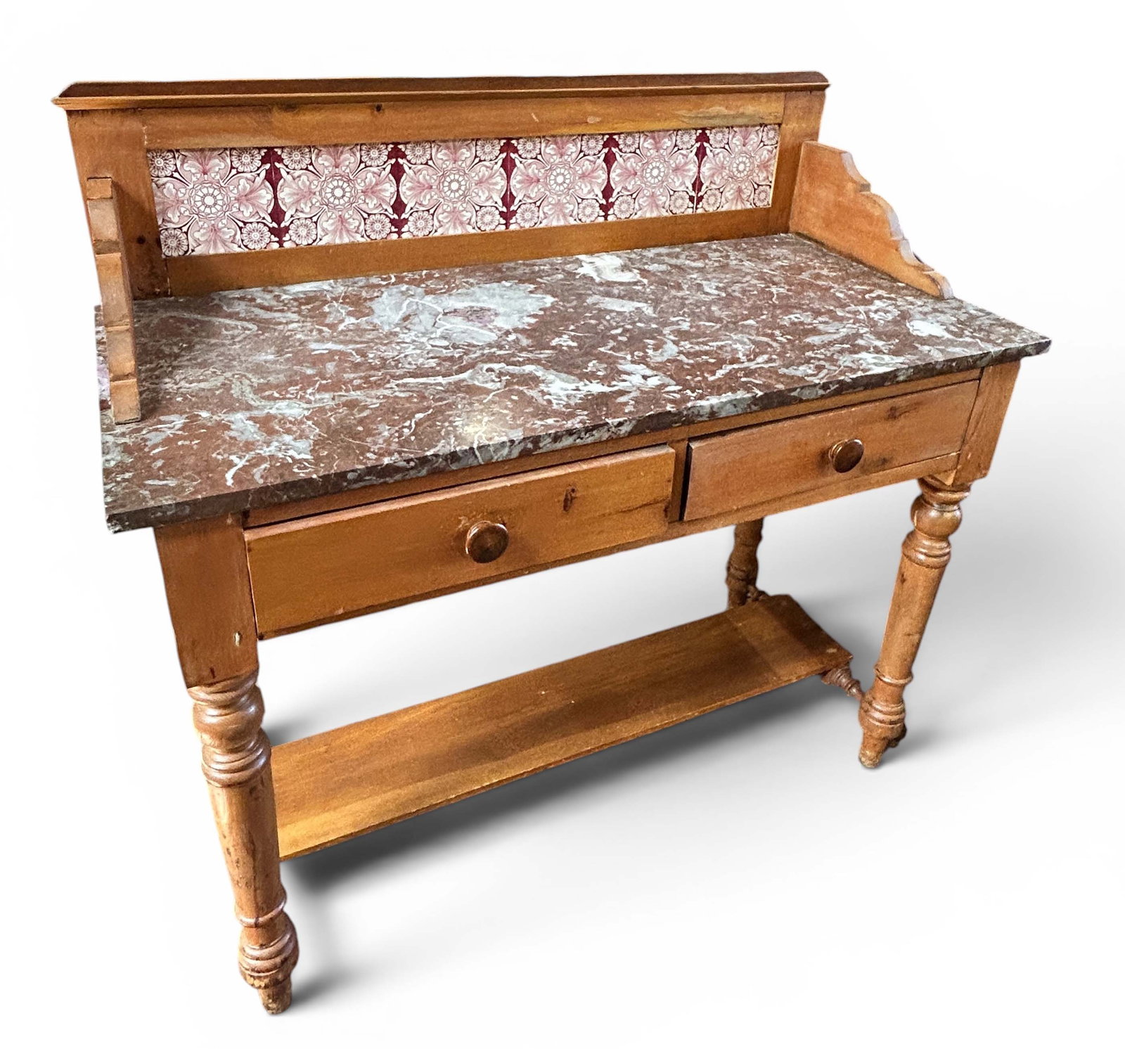 Antique Pine Marble Top Tile Back Washstand. (1 of 2)